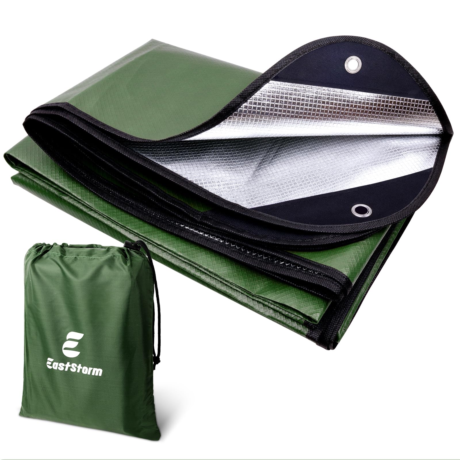 E EASTSTORM Robusta Coperta Termica Emergenza Riutilizzabile con Poncho, 150 * 210 cm Termico Telo Impermeabile, Telone di Tessuto Campeggio per Coprire, Salvataggio Protegge da Freddo, Pioggia