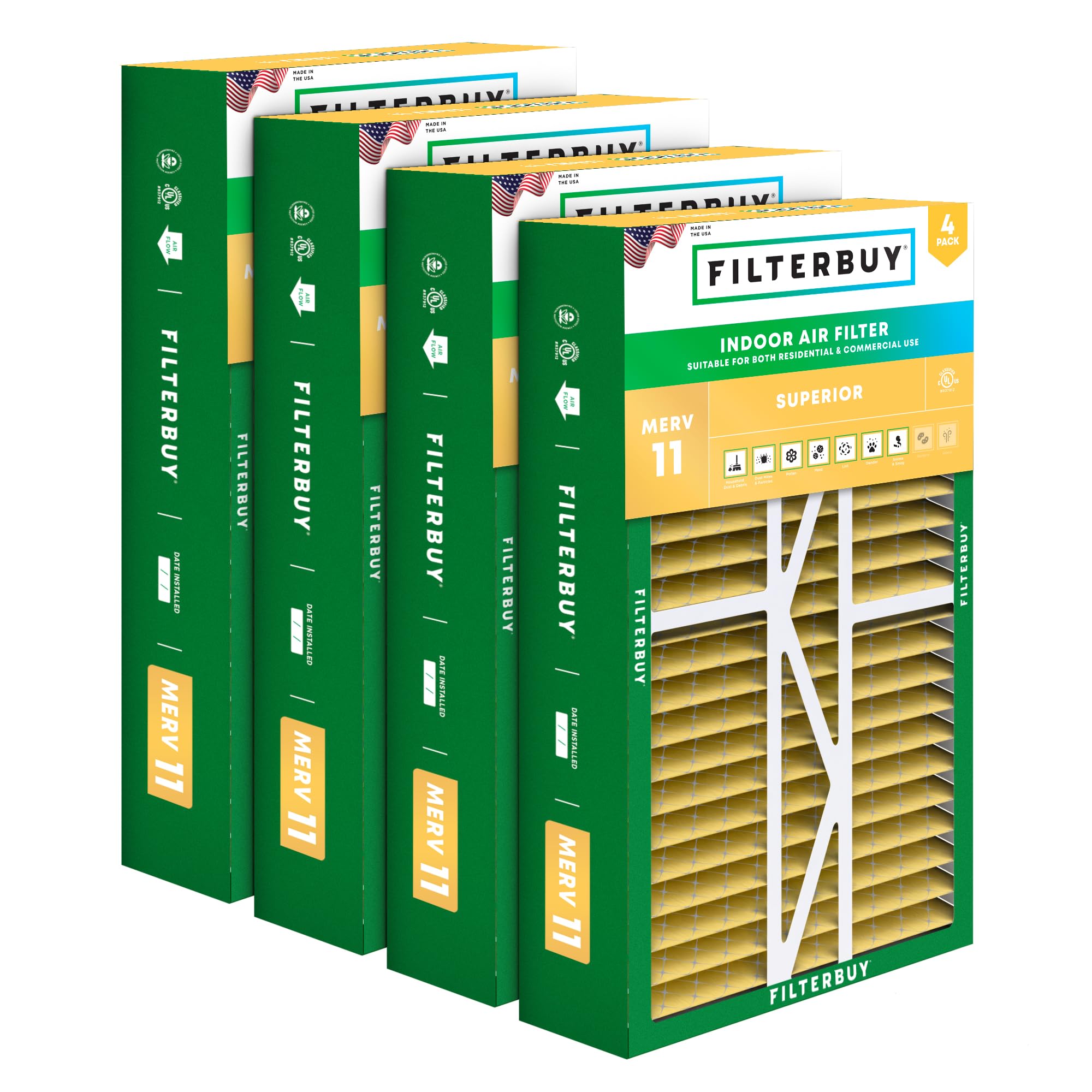 Filterbuy 16x25x5 Air Filter MERV 11 Allergen Defense (4-Pack), Pleated HVAC AC Furnace Air Filters for Amana, Coleman, Goodman, Maytag, York, and More (Actual Size: 15.38 x 25.50 x 5.25 Inches)