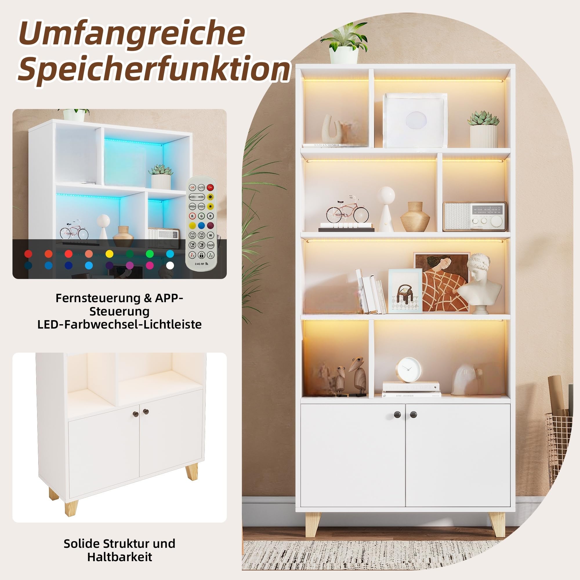 LAKFEW Bücherregal mit Türen und LED-Leuchten, Standregal mit Ablagefächer, Bücherregale mit Beine aus Massivholz, Regale Wohnzimmer, 80x30x173 cm, Weiß