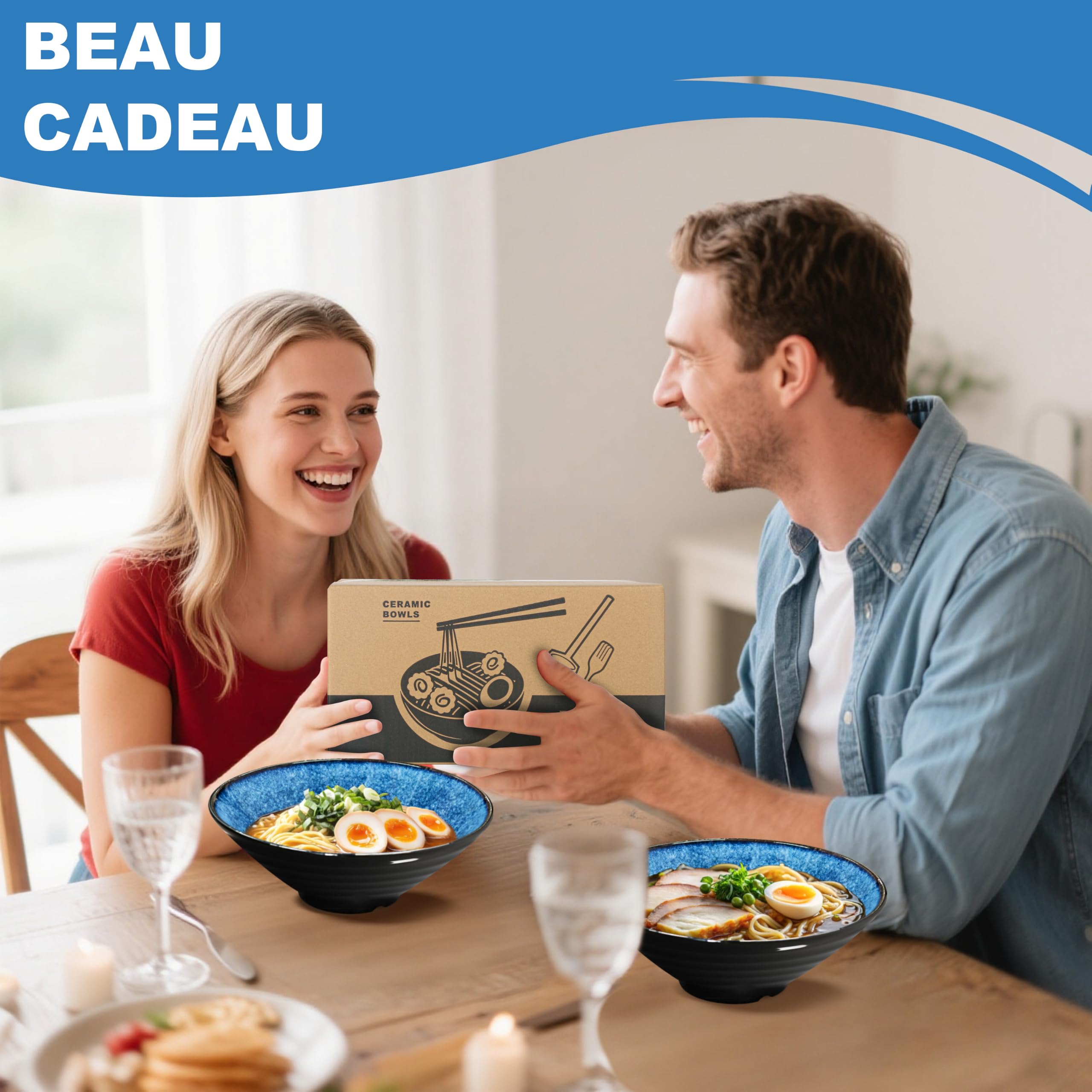 8 Pouces Ensemble De 2 Grands Bols Ramen En Céramique (8 Pièces), Vaisselle Japonaise Compatible Lave Vaisselle Avec Fourchette Baguettes Et Cuillère Bol à Soupe Salade Cadeaux Pour Hommes Femmes