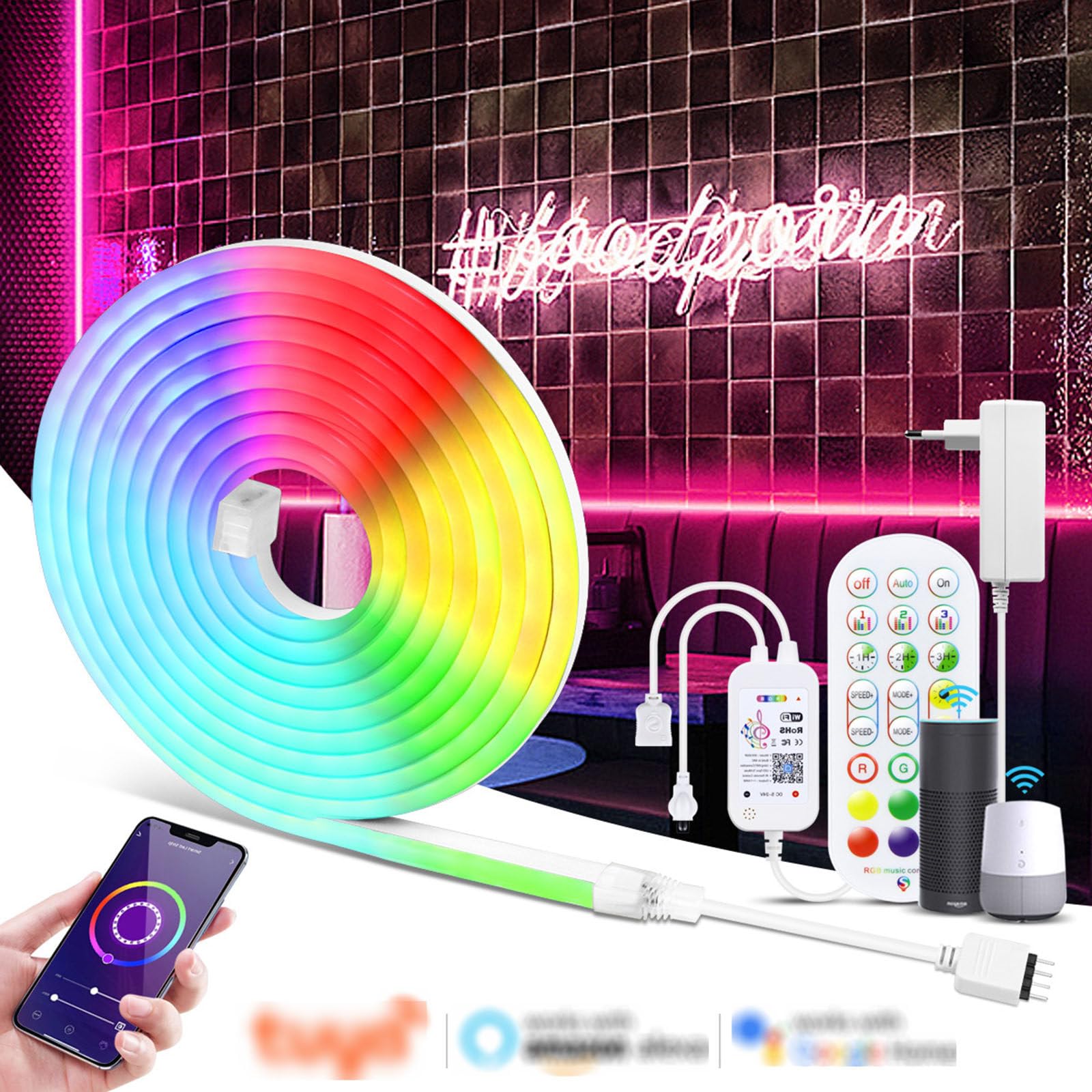 Luz de neón Inteligente WiFi con aplicación móvil remota/Control de Voz RGB Tira de luz Impermeable Juego de Tiras de Luces LED