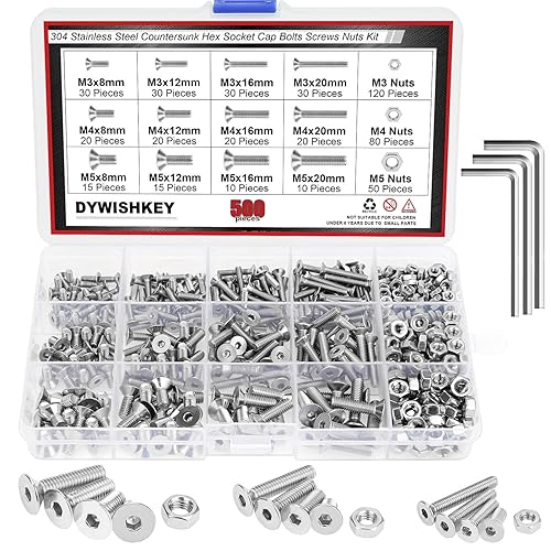 Miniatura 8 de DYWISHKEY 600 piezas métricas M2 M25 M3 acero inoxidable 304 cabeza plana avellanada kit surtido de tornillos y tuercas con llaves hexagonales