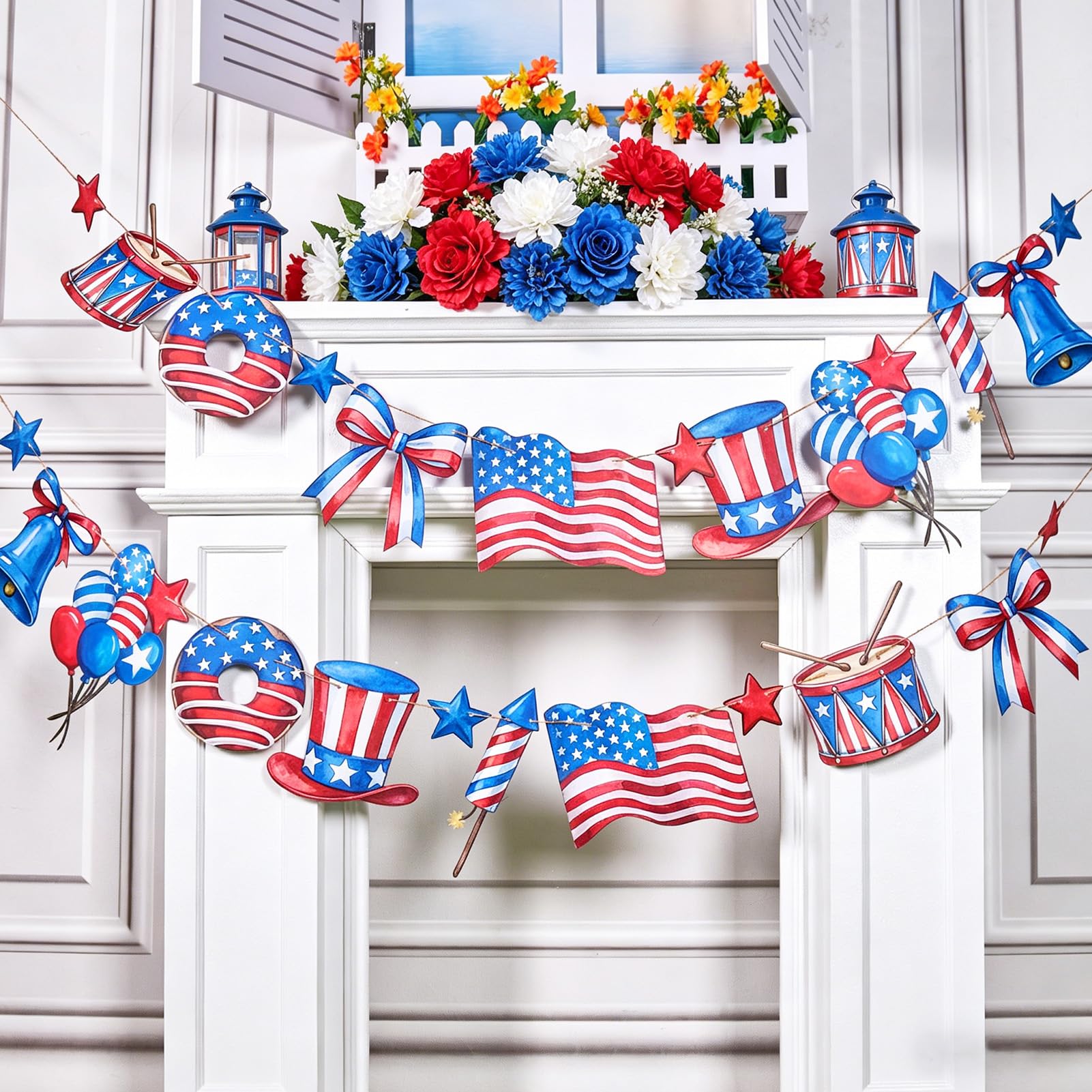 EASY JOY 2Pcs 4th of July Independence Day Decorations American Flag Red Blue Bunting Decoration US Patriotic Party Decorations with Stars Drums Uncle Sam Hat for Memorial Day National Party Decor