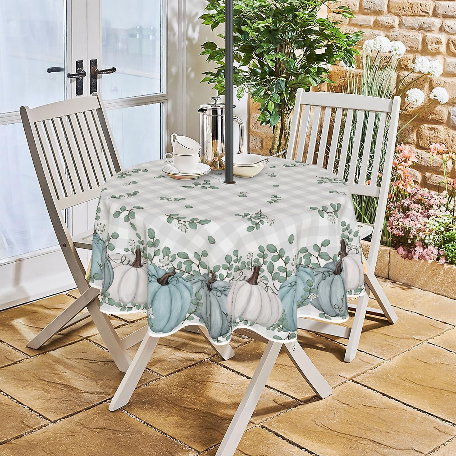 horaldaily fall outdoor tablecloth 60×60 inch fall, thanksgiving autumn harvest blue pumpkin buffalo plaid washable table cover with zipper umbrella hole for party dinner patio garden picnic bbq