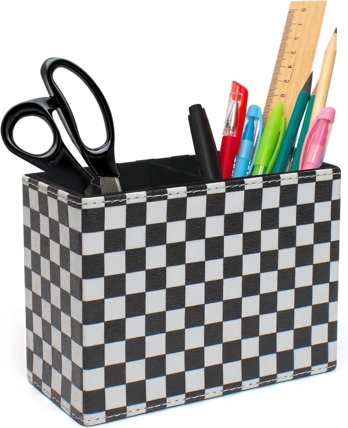 Checkered Pencil Box Desk Accessories for Office Decor, Desktop Pen Holder, Black White Racing Style Organizer Case Stand Cup Storage for Makeup Brush Study Table, with 2 Compartments, Sturdy Leather