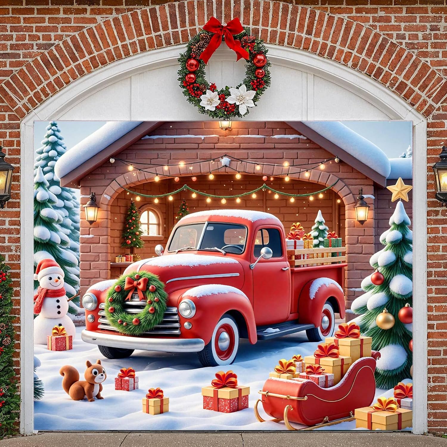 Christmas Garage Door Cover Banner Decorations, 7 x 8 Ft Merry Christmas Red Truck Snowman Tree Garage Door Backdrop for Xmas Winter Holiday New Year Party Supplies Indoor Outdoor Wall Decor