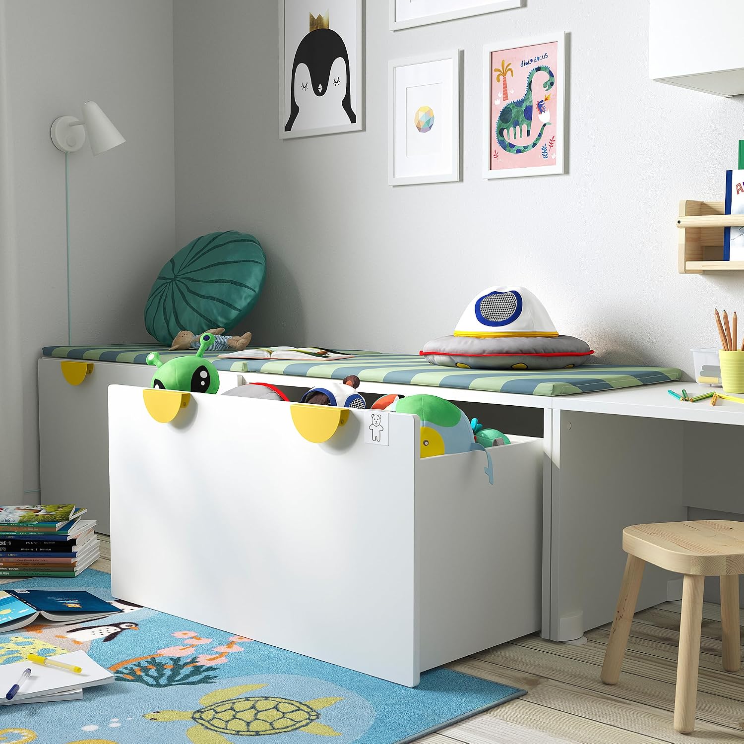 ProTuning SMÅSTAD Bench with toy storage, white/blue, 90x52x48 cm