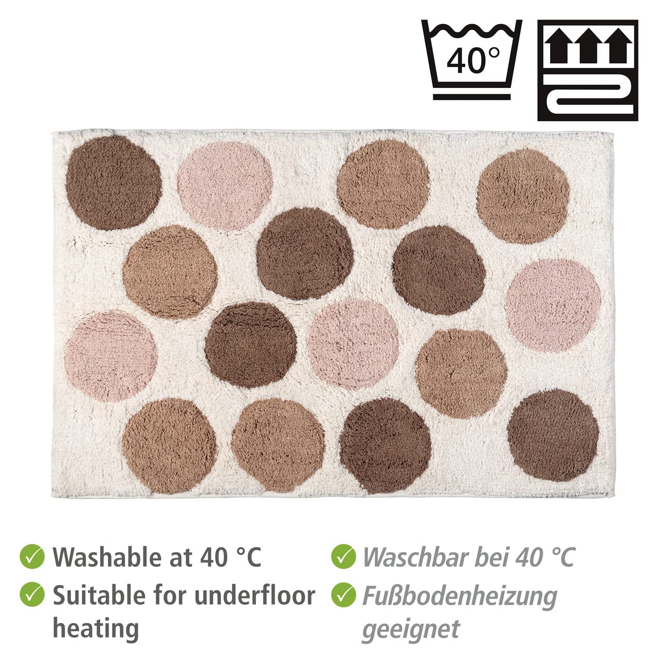 Wenko Tappetino Scendibagno Tibe 100% Cotone Biologico Certificato con Grandi Punti di Diversi Colori, Lato Inferiore Antisdrucciolo, Lavabile Fino a 40 °C, (L X P): 60 X 90 Cm
