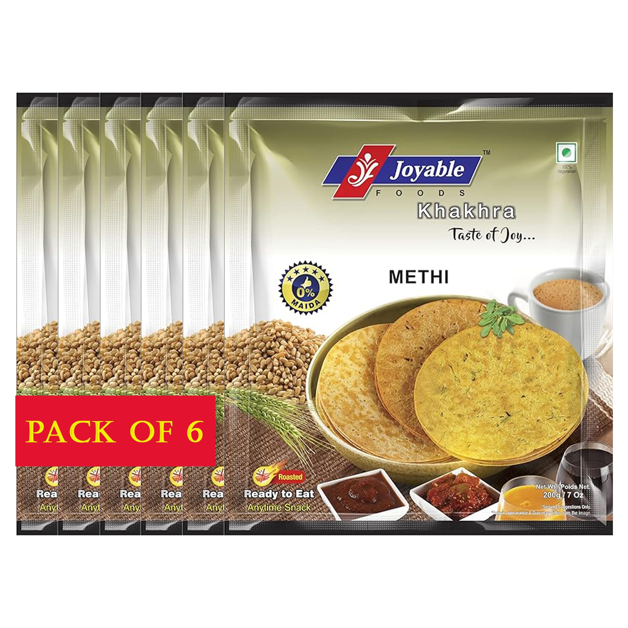 Joyable Methi Khakhra | Dry Chapati | Khakra Fresh Gujarati Namkeen Snacks | Ready To Eat - Roasted - Khakhra Snacks| Vacuum Packed - Pack of 6 (Methi - 200 Gms Each)