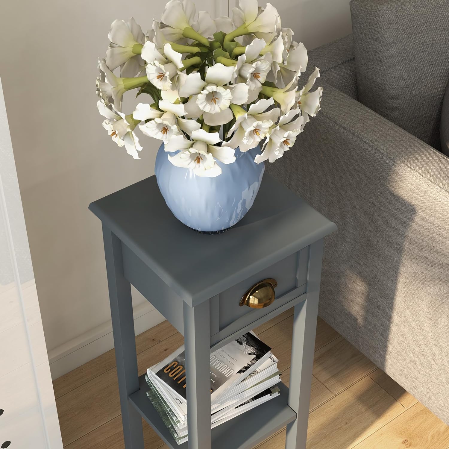 HOMCOM Narrow End Table with Drawer and Bottom Shelf, Slim Side Table for Small Spaces, Skinny Modern Accent Desk for Living Room, Set of 2, Gray