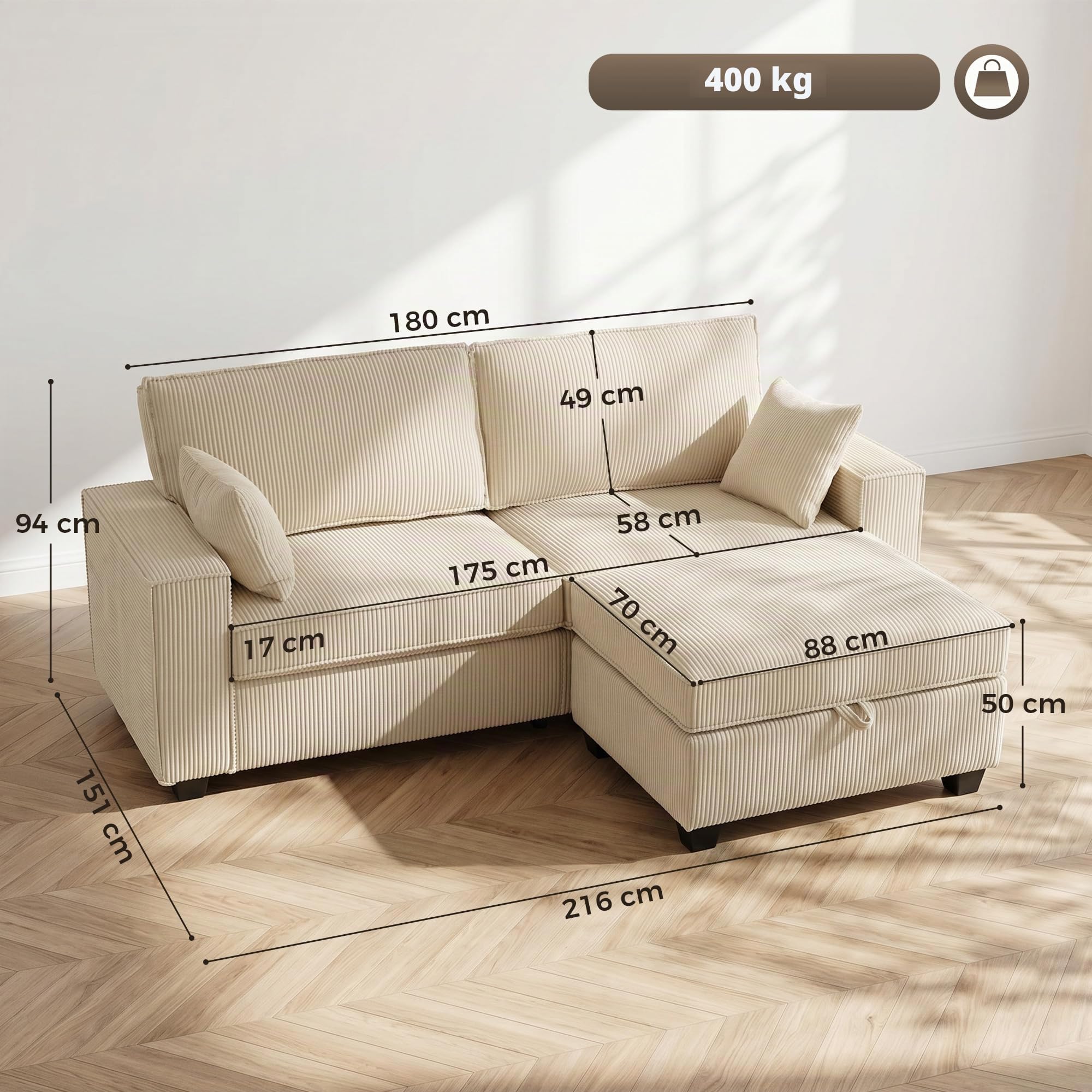 HOMCOM Ecksofa 216 cm L-Form mit Umkehrbarem Aufbewahrungshocker Beige