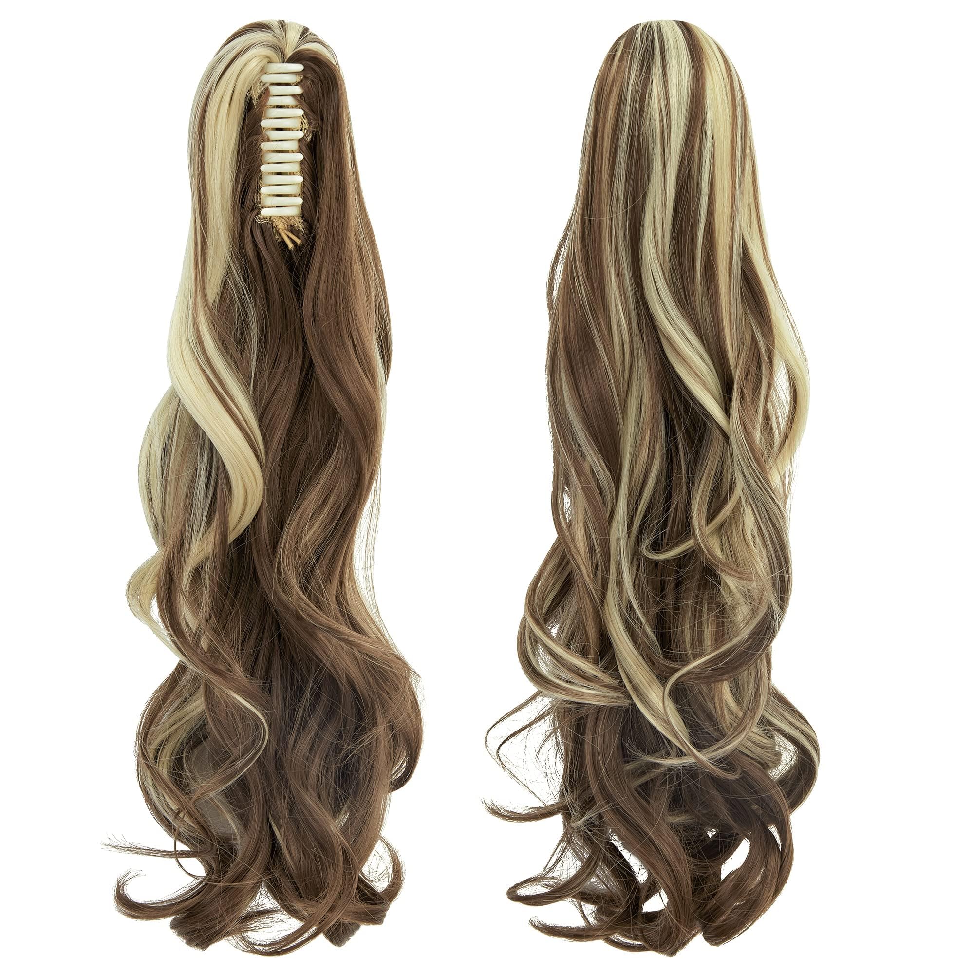 FXYTK Claw on Ponytail Clip in Ponytail Hair Extensions Hair Piece Clip on Pony Tail Hair Extension Claw Jaw Ponytail Extensions 18" Curly Brown Mix Bleach Blonde - Image 3