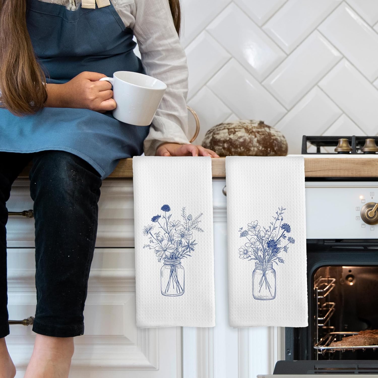 Vintage Blue and White Flower Botanical Kitchen Towels Set of 2, Cornflower Modern Line Drawing Floral Bouquet Hand Towel for Kitchen Bathroom, Spring Decorative Tea Dish Towels 16x24 Inch - Image 3