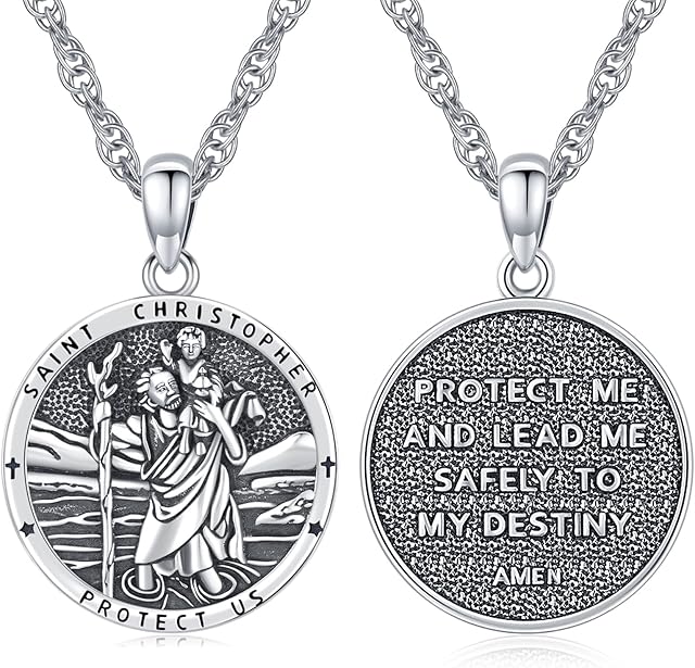 Eusense St Christopher Necklace for Men 925 Silver Saint Christopher Pendant for Women Religious Jewellery Medal Protection Amulet