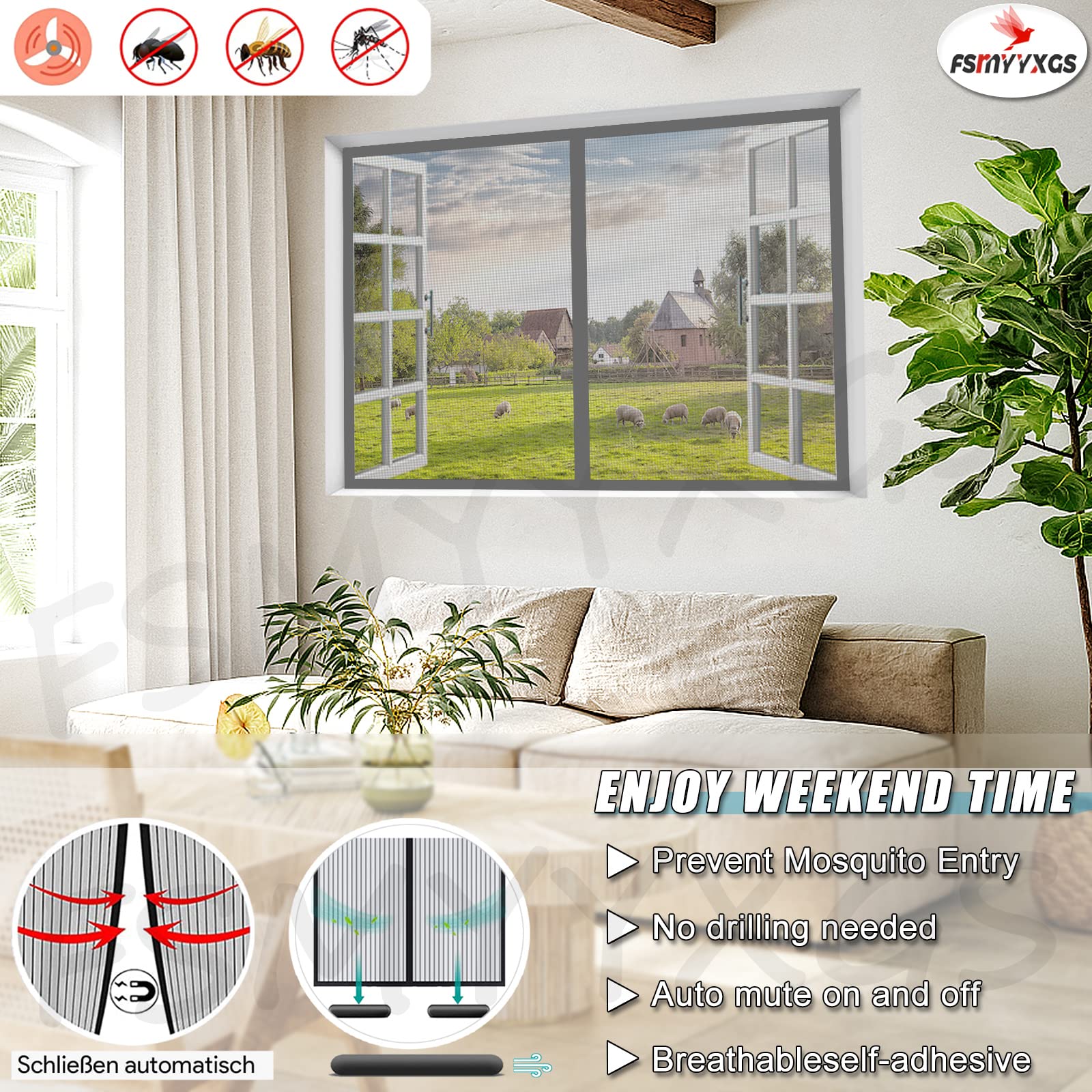 Moustiquaire FenêTre MagnéTique,Rideau de Moustiquaire Aimant Automatiquement Fermé,Facile à Installer Anti Mosquito Auto-AdhéSif Maille Rideau pour FenêTre Portes-Grey|| 72x82inch(185x210cm)