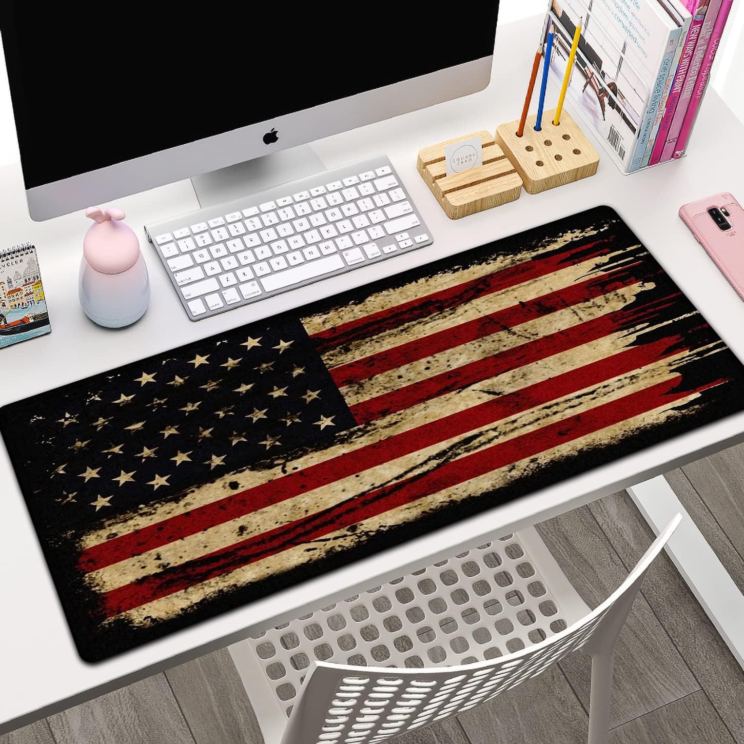 Mouse Pad Wrist Support Set, Extended Gaming Mouse Pad and Ergonomic Memory Foam Keyboard Wrist Rest for Office,Home, XXL Waterproof Writing pad Large Desk Pad, Vintage American Flag Mouse Mat