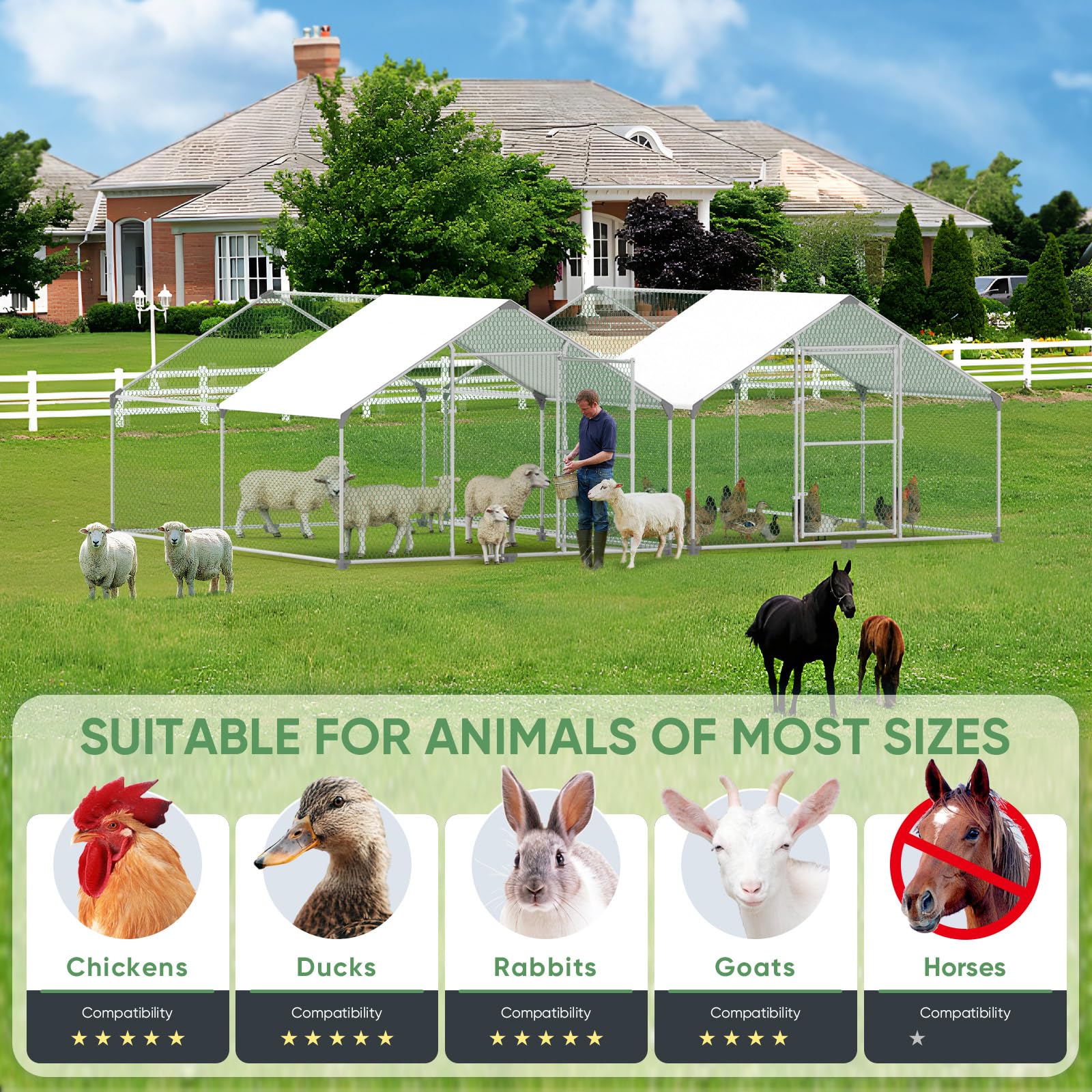 Gallinero para Exterior, Gallineros Grandes de Metal Galvanizado, Jaula para Gallinas con Candado, Gallinero Exterior con Techo de Polietileo pano ra Protección Solar, 8x3x2m