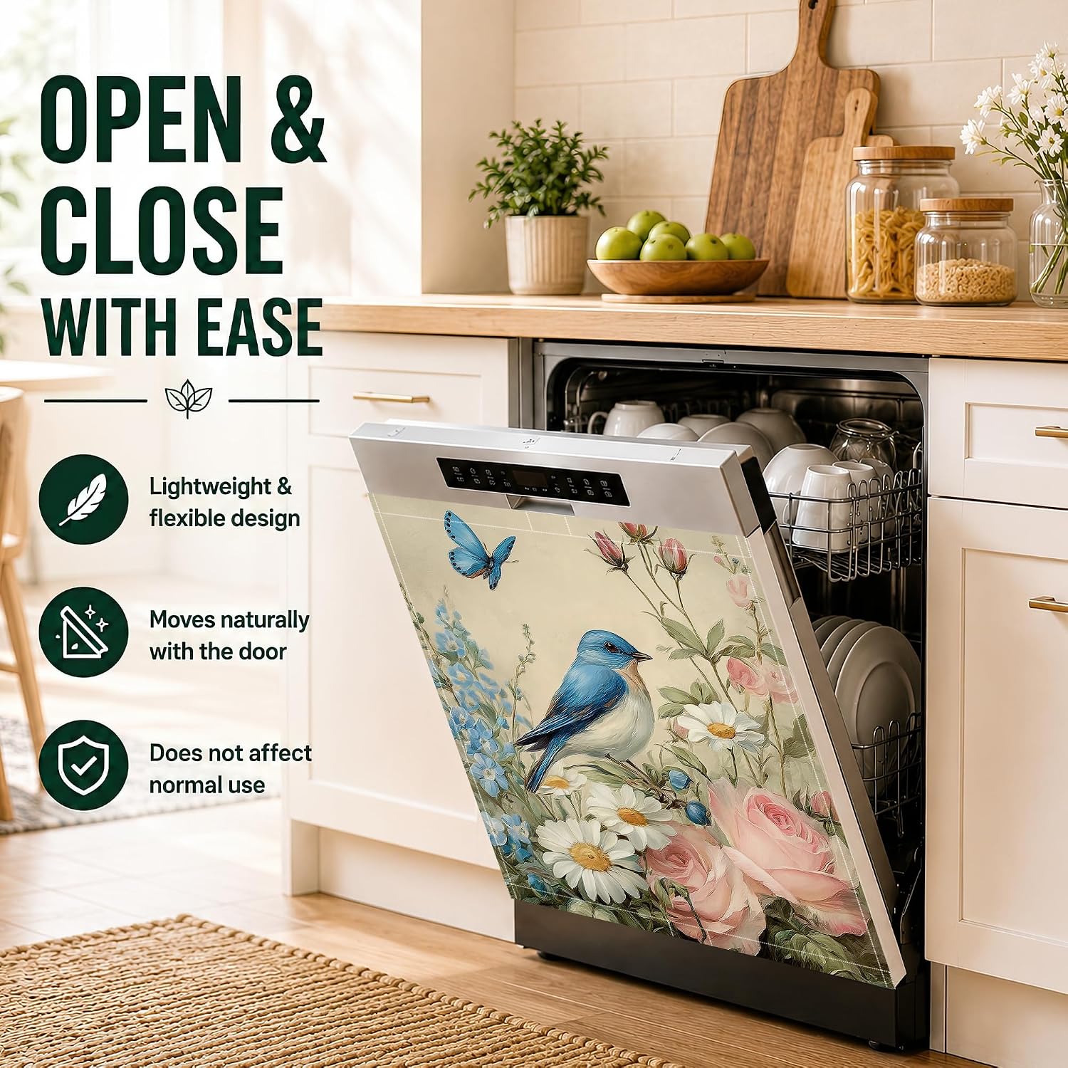 Bird Rose Daisy Butterfly Dishwasher Magnet Cover,23x26 Inch Magnetic Dishwasher Cover,Waterproof Appliance Door Sticker for Dishwasher Refrigerator Washing Machine Dryer,Kitchen Decor image 5