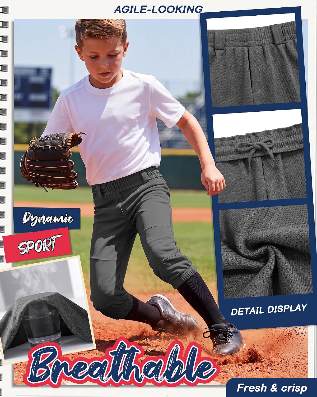 Halfchet 3 Pcs Boys' Knicker Baseball Pants Youth Softball Pants Fit Kids Tee Ball Capris Practice with Belt Loops Pockets