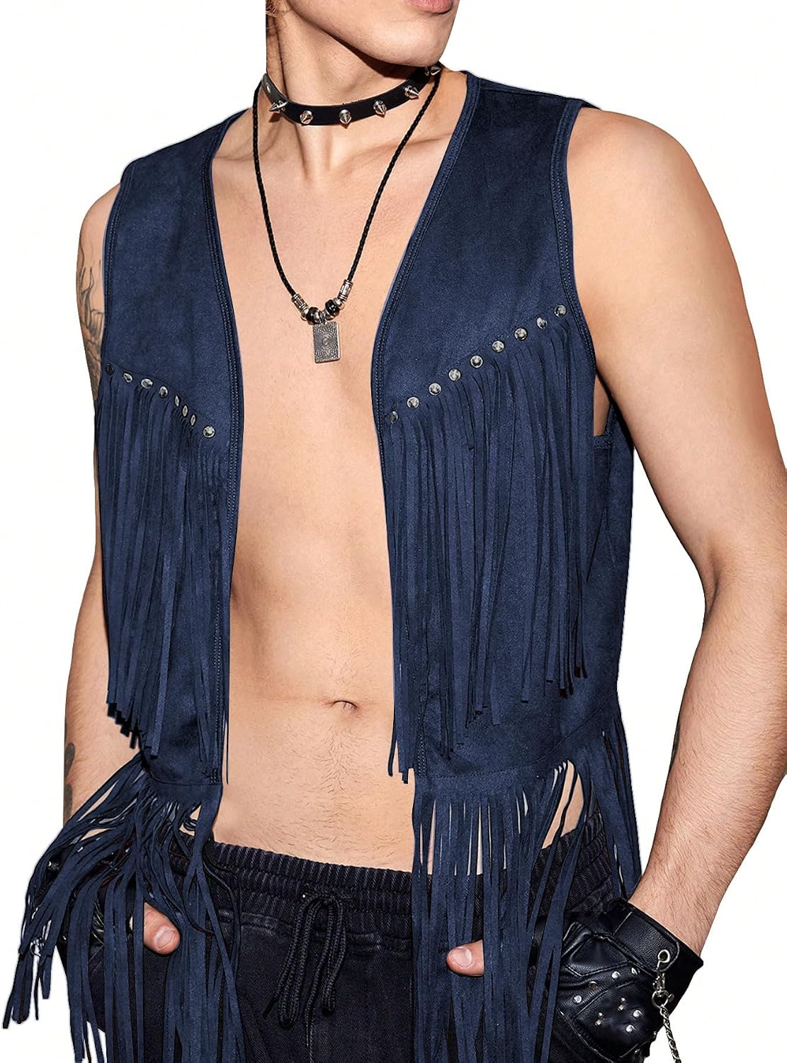 Verdusa Men's Sleeveless V Neck Studded Detail Fringe Trim Open Front Vest Jacket