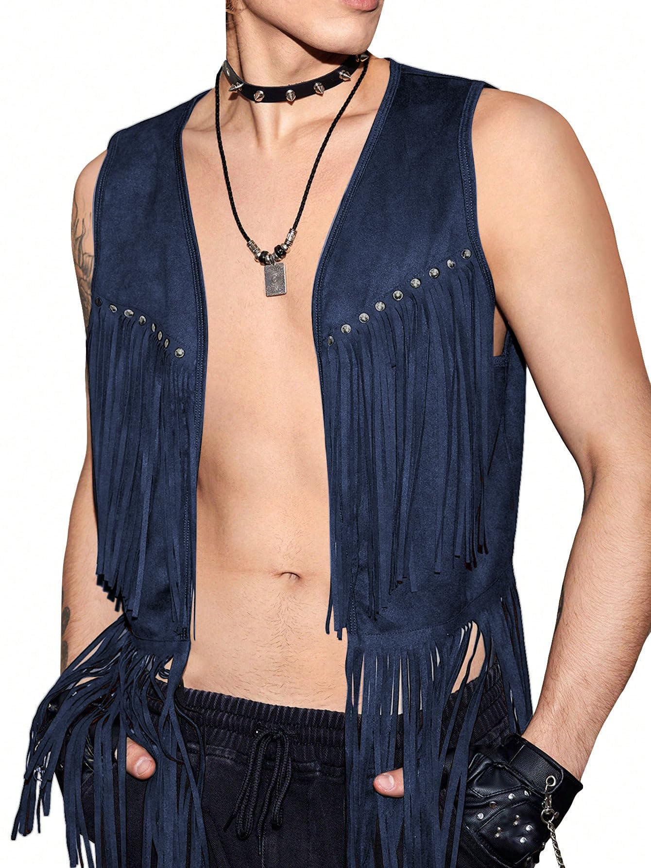 Verdusa Men's Sleeveless V Neck Studded Detail Fringe Trim Open Front Vest Jacket Dark Blue XX-Large