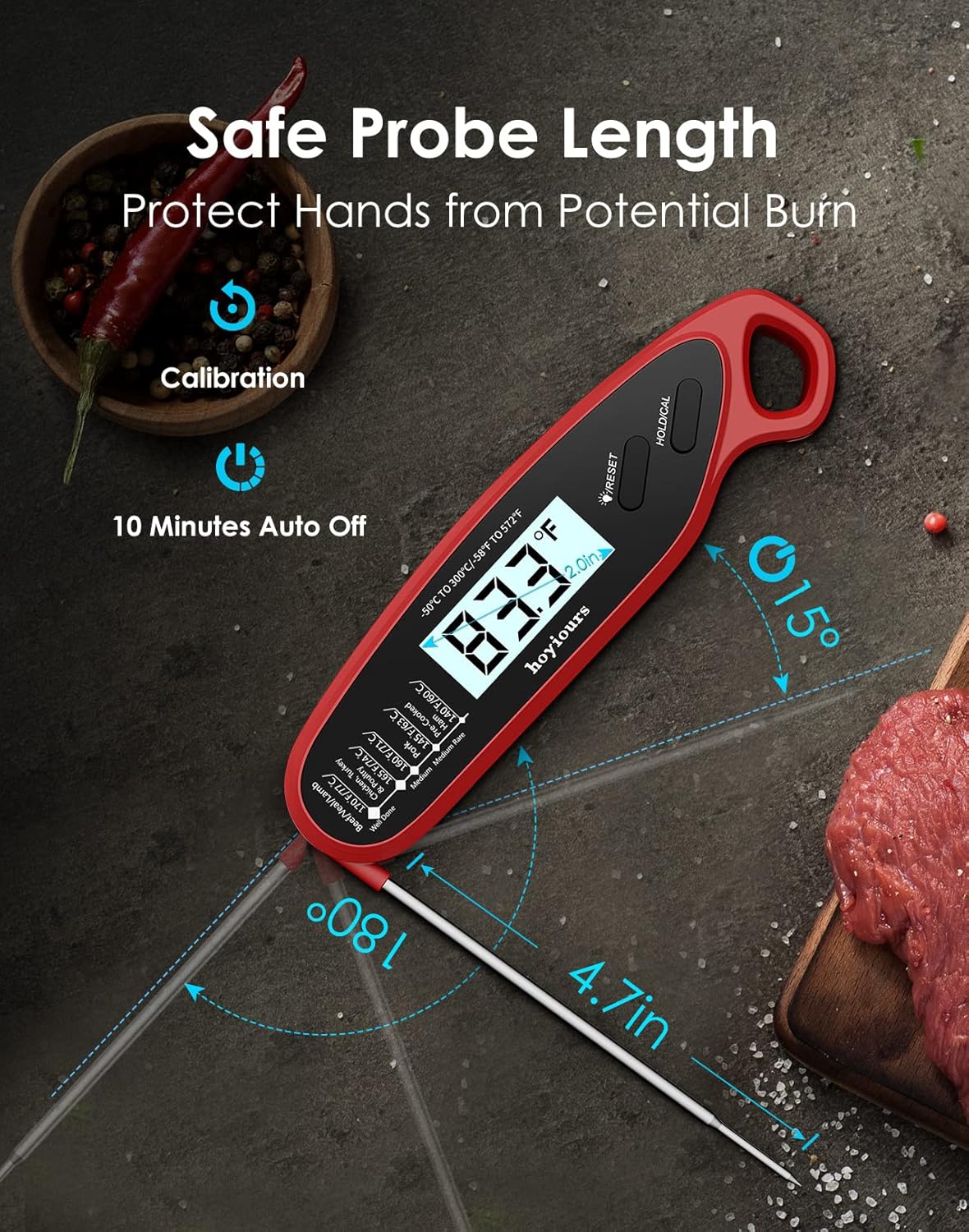 review hoyiours Digital Meat Thermometer, Waterproof Instant Read Food Thermometer for Cooking with Foldable Probe, Backlight and Magnet, Kitchen Thermometer for BBQ, Roast Turkey, Grill, Baking