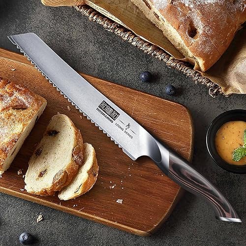 Miniatura 5 de HOSHANHO Cuchillo de pan de 8 pulgadas, cuchillo dentado de acero inoxidable de alto carbono, cuchillo profesional para cortar pan casero