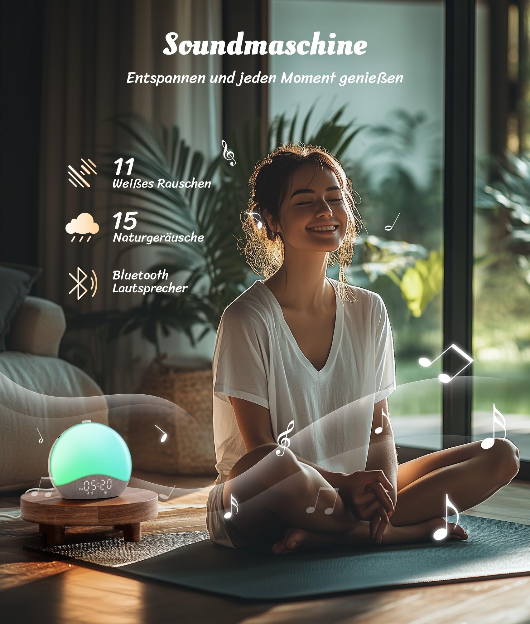 ecozy Tageslichtwecker, Bluetooth-Synchronisierung, 26 Beruhigende Klänge, Weißes Rauschen, 17 Nachtlichter, Sonnenaufgang Wecker