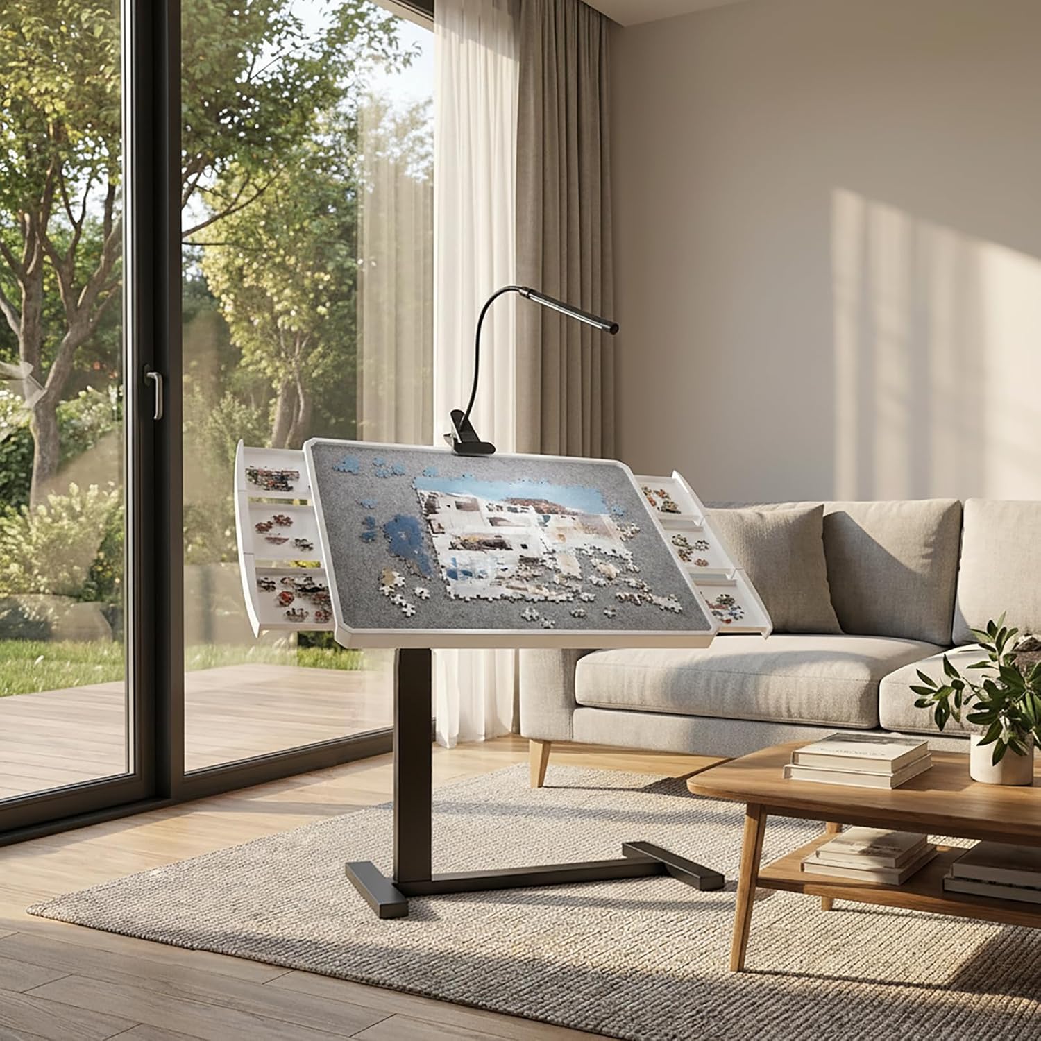 Puzzle Table 1500 Piece with 6 Drawers and Cover 35"x26" Adjustable Height & 90° Tilting Puzzle Board for Adults with Wheels for mom