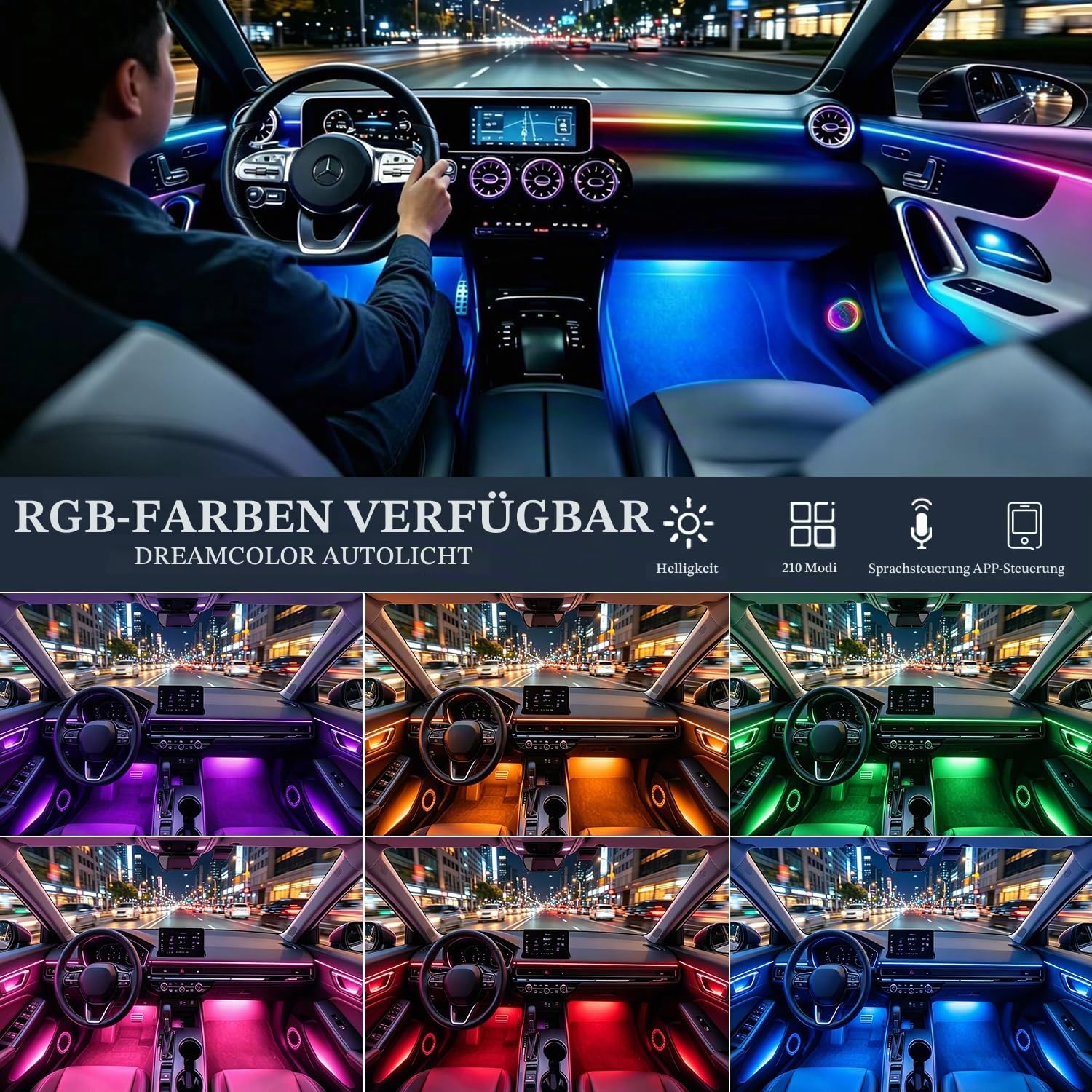 LED-Lichtleiste für den Fahrzeuginnenraum, RGB-22-in-1-Neon-Ambientebeleuchtungs-Sets, Ambientebeleuchtung für Autos mit App-Steuerung, mit Musiksynchronisierung