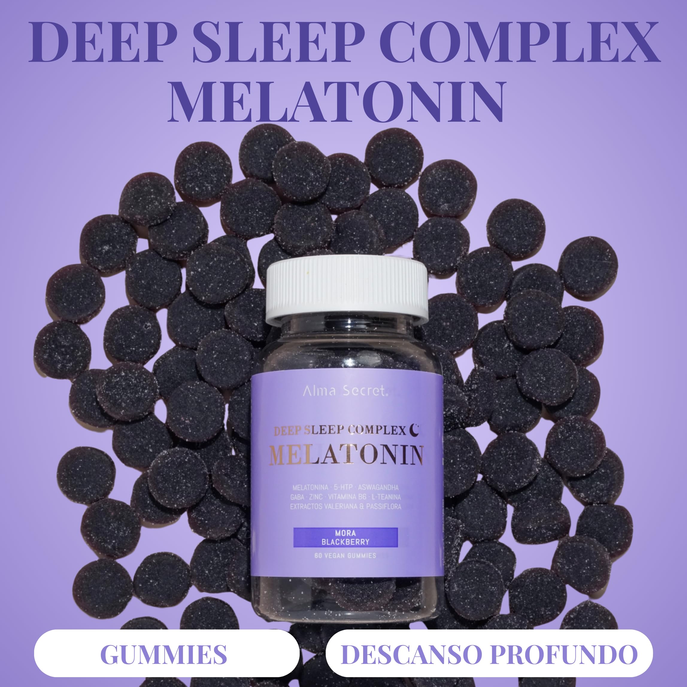 Alma Secret | Deep sleep complex melatonin | Gummies veganas para un descanso profundo y mejorar el sueño | Con Melatonina, Ashwagandha Sensoril®, GABA y L-Teanina | Ayuda a dormir y manejar el estrés
