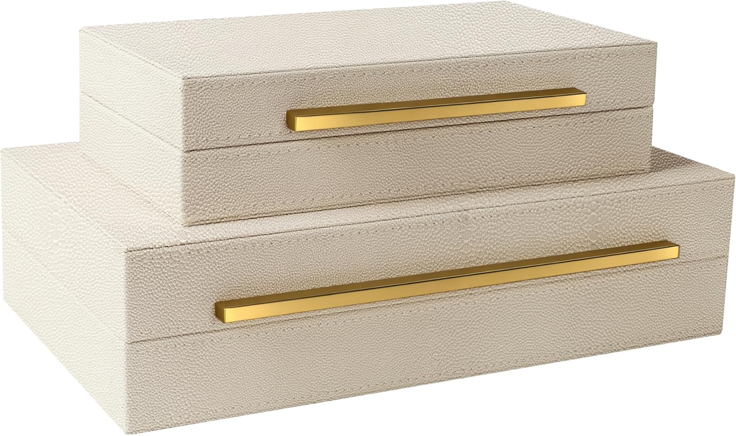 Sagala Set of 2 Beige Shagreen Decorative Boxes With Gold Metal Handles, Faux Leather Jewelry Boxes Modern Storage Boxes Photo Boxes Memory Boxes Home Organizer (Beige-Gold Handle)