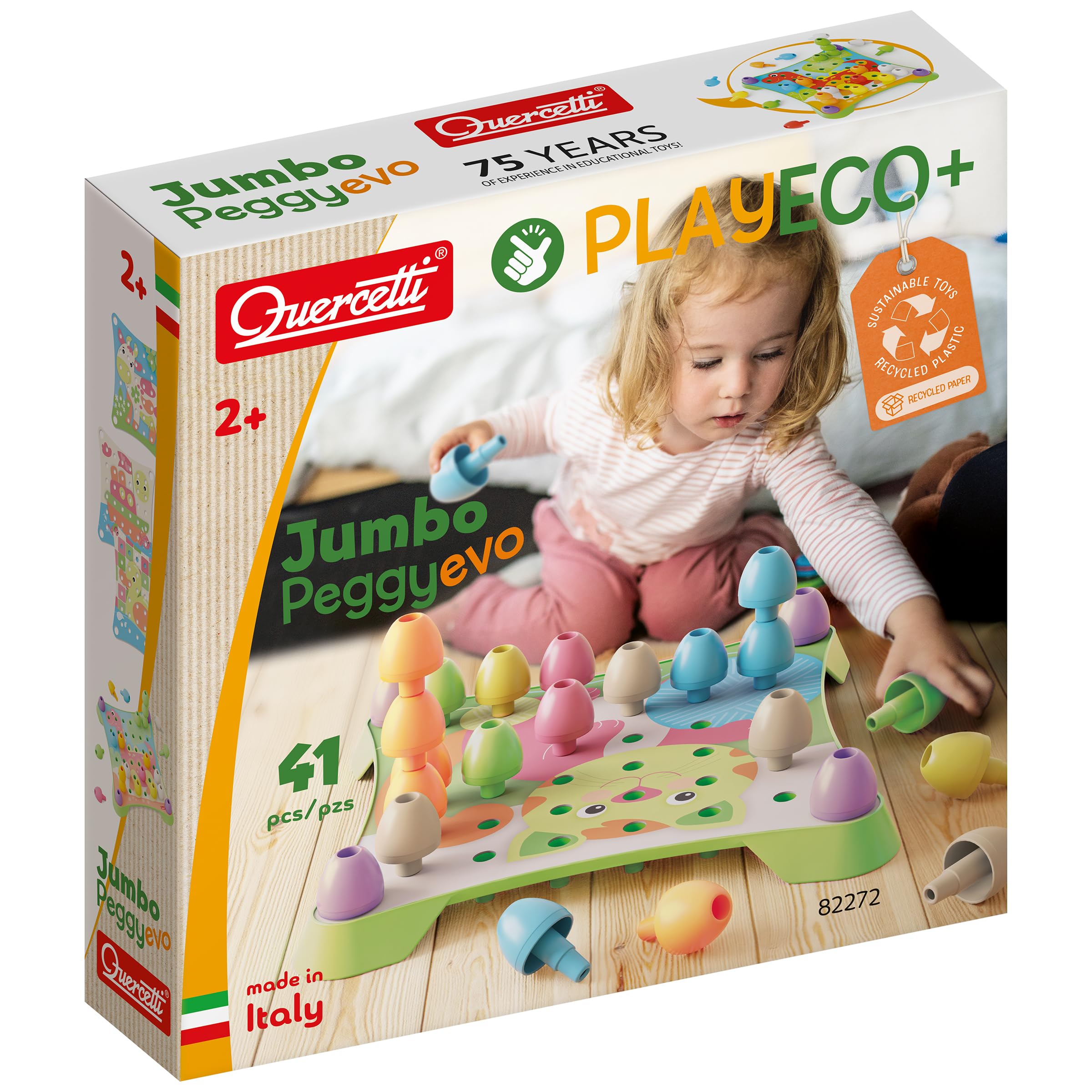 Quercetti Jumbo Peggy EVO Play Bio 41 pcs, Sort, Stack and Put Pieces in Place, Mosaic and Build