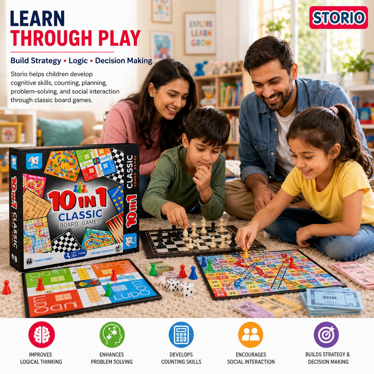 Storio 10-in-1 Classic Board Games for Kids 5+ Years | Chess, Ludo, Snakes & Ladders, Checkers, Backgammon & More | Family Board Game Set with Dice & Pawns | Educational Indoor Game for Boys & Girls — Amazon image 8
