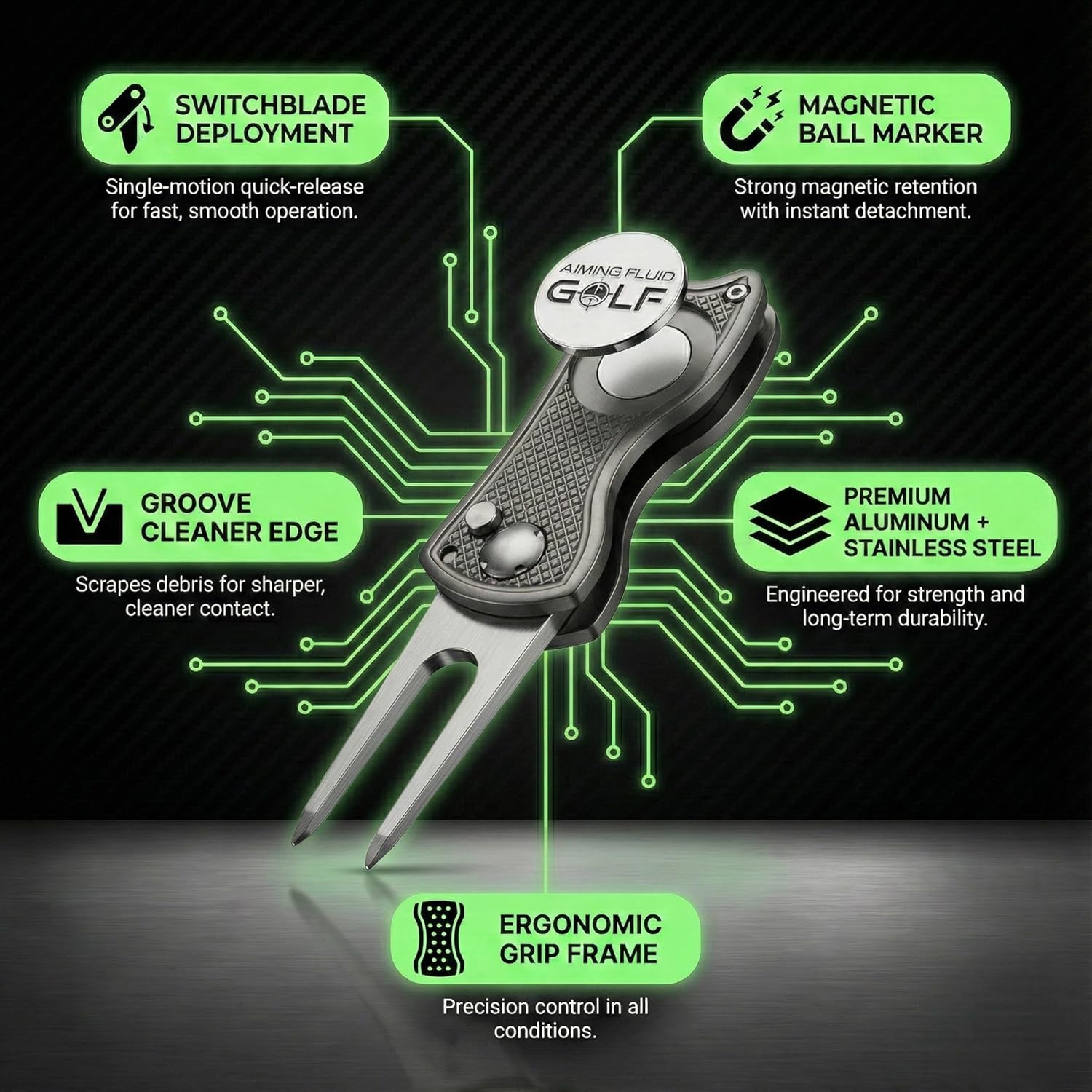 Golf Divot Repair Tool — 5-in-1 Golfing Ball Marker, Pitch Mark Repair, Putting Alignment, Club Tee, and Groove Cleaner, Accessory Metal Switchblade Design - Ideal Gift for Golfers