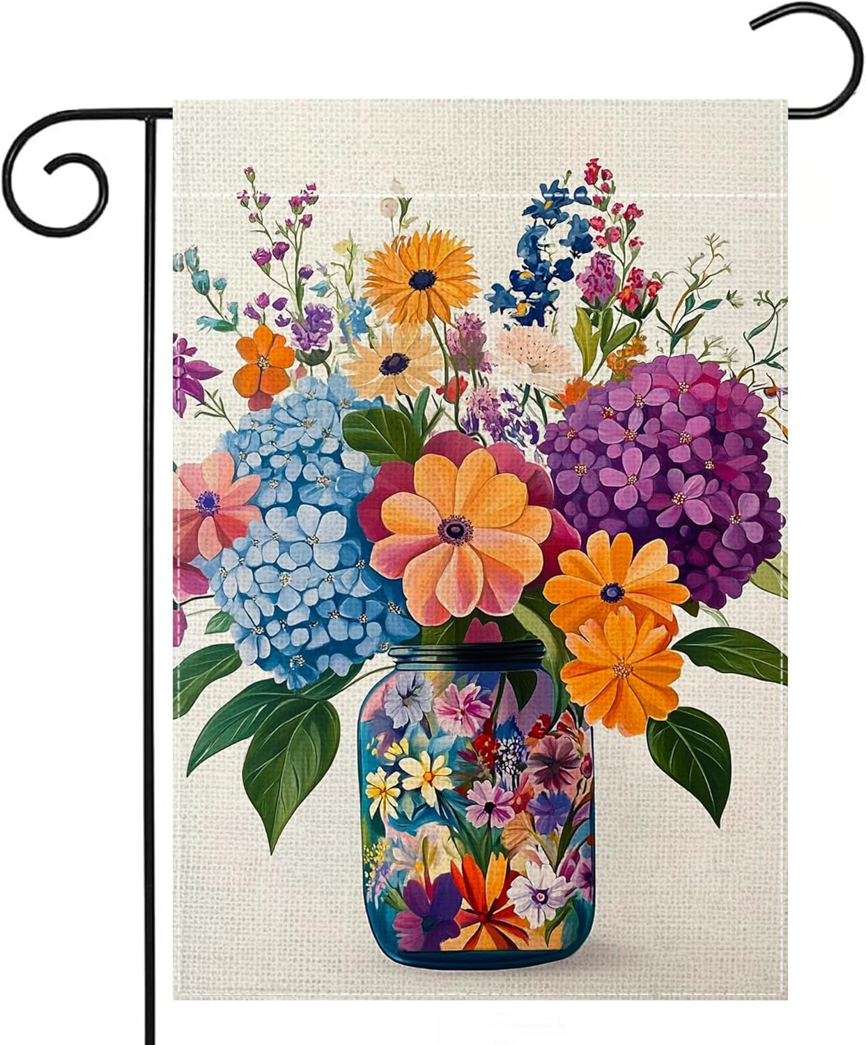 Spring Summer Colorful Floral Mason Jar Garden Flag 12x18 Inch Double Sided Hydrangea Flower Yard Outdoor Flag House Holiday Outside Decoration