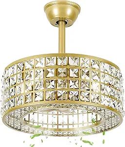 DWVO 18" Crystal Caged Ceiling Fans with Lights Enclosed Modern Ceiling Fan with Remote Control Reversible Industrial Fandelier Chandelier 3 Speeds,3 Color Temperatures for Bedroom, Indoor (Gold)