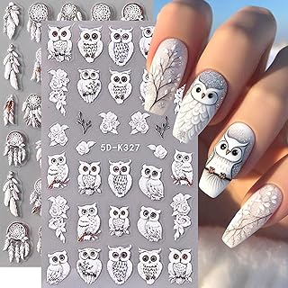 2Sheets Cute Owl Nail Art Stickers 5D Embossed Feather Dreamcatcher Designs Nail Decals Self-Adhesive White Owl Rose Flower Nail Sticker Autumn Winter Nails Supplies for Women DIY Manicure Decor