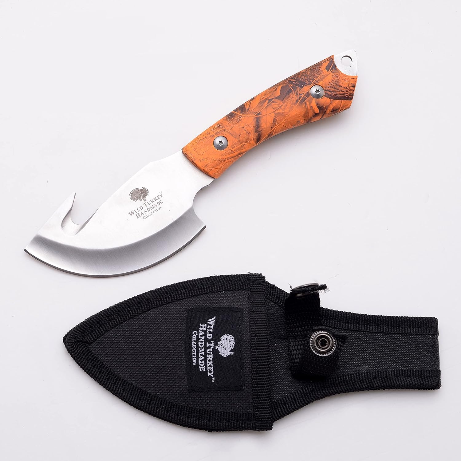 Wild Turkey Handmade Collection Full Tang Fixed Blade Gut Hook Skinner Knife w/Leather Sheath. (Orange)