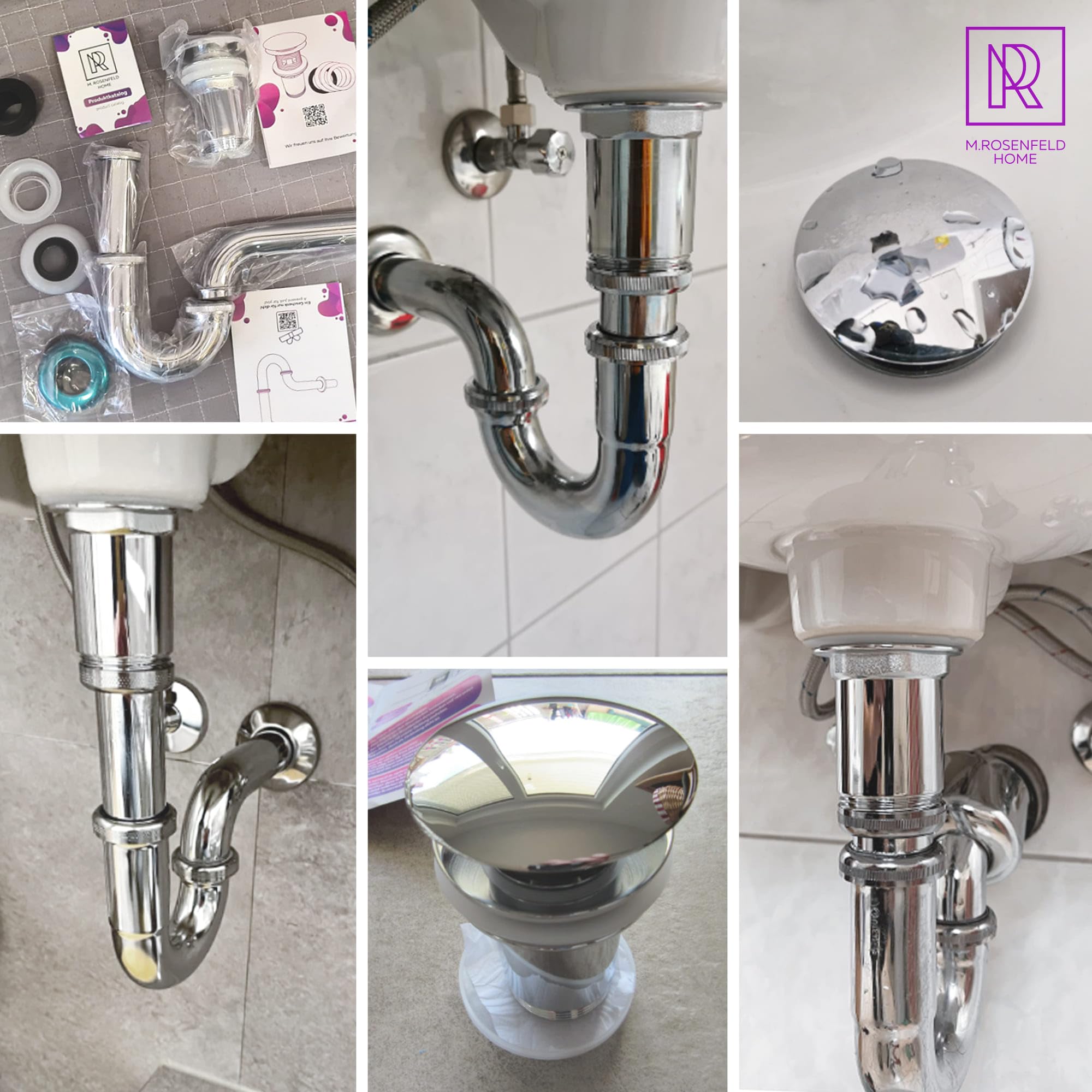 Piletta per lavabo POP UP con troppopieno + sifone universale per lavabo, sifone per lavabo in ottone.
