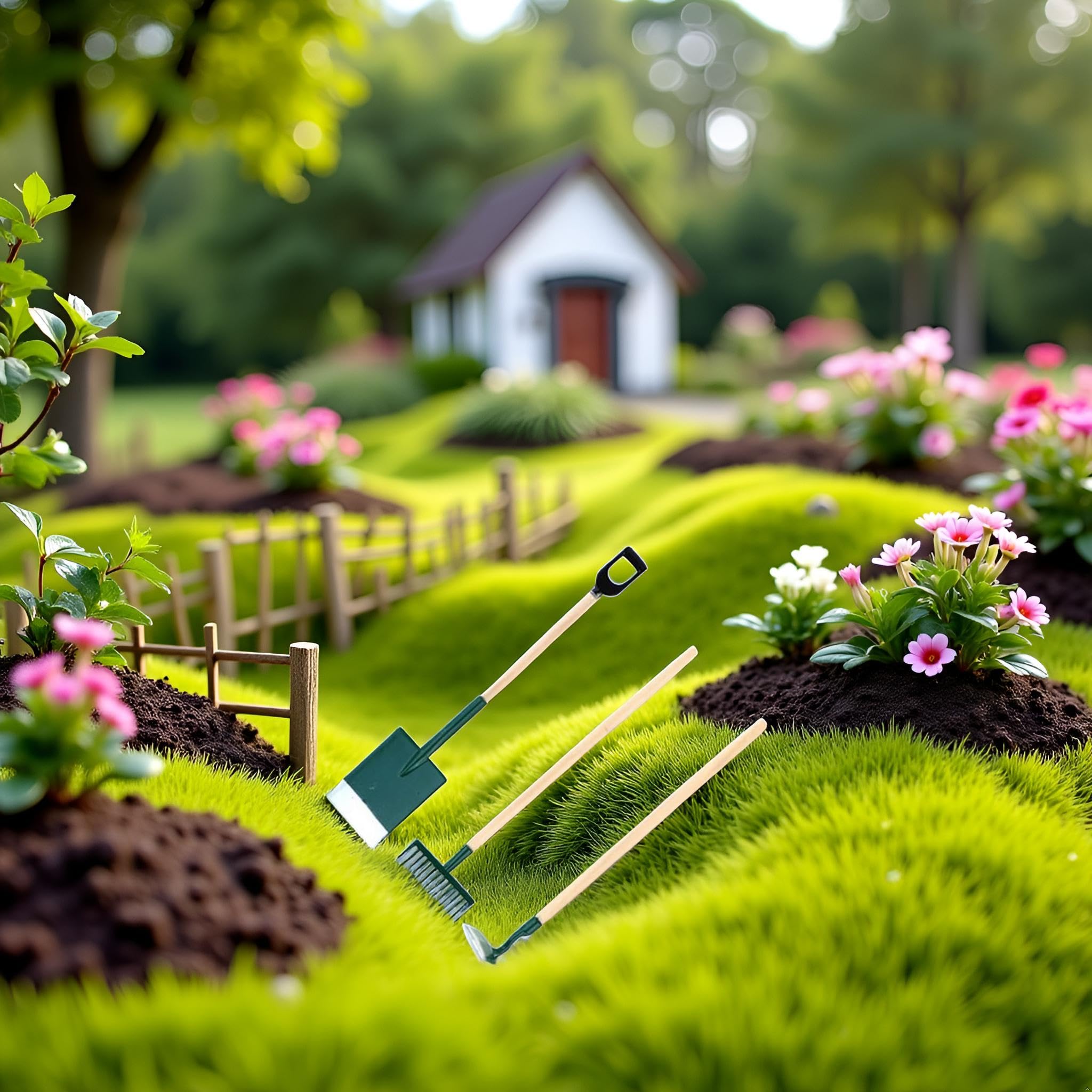 3PCS Green Miniature Dollhouse Garden Tools,1/12 Miniature Shovel Rake and Hoe Farm Tools Dollhouse Decoration Accessories,Dollhouse Décor - Image 3