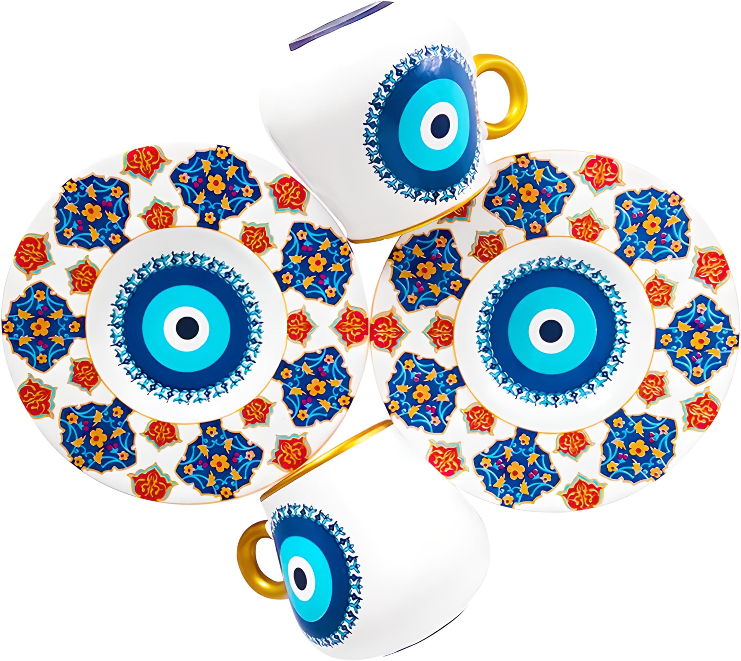 Turkish Coffee Cups - Set of 2 - Porcelain Espresso Cups with Evil Eye Pattern โ Traditional Nazar Design