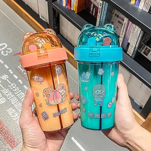 Miniatura 7 de NCDUANSAN Taza de agua Kawaii de 14.2 fl oz con popote doble para exteriores, botella doble portátil de plástico para beber (morado)