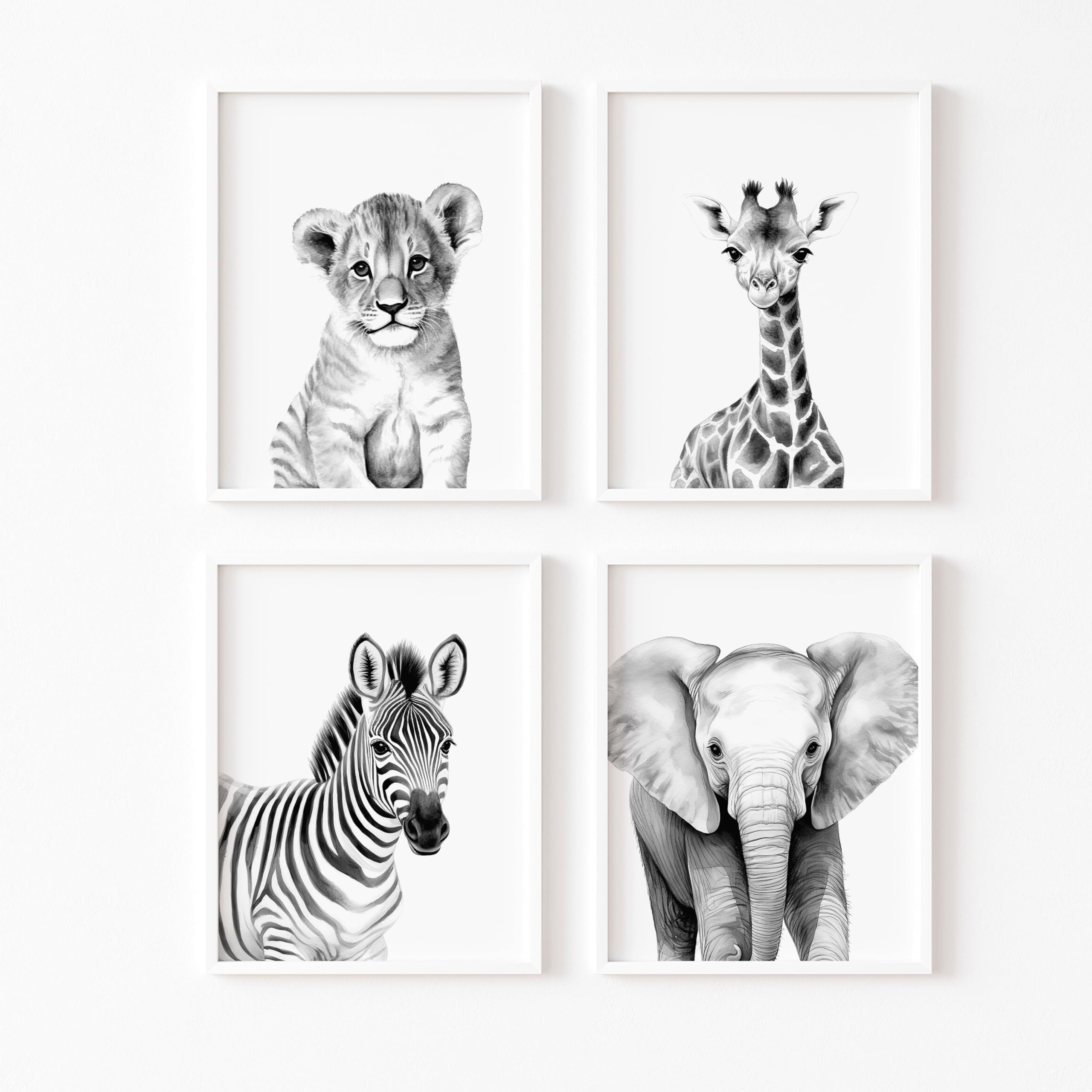 ayurvana Set de 4 Láminas Safari en Blanco y Negro – Cuadros Infantiles de Alto Contraste para Estimulación Visual de Recién Nacidos – Decoración Habitación Bebé Estilo Nórdico y Montessori – A4