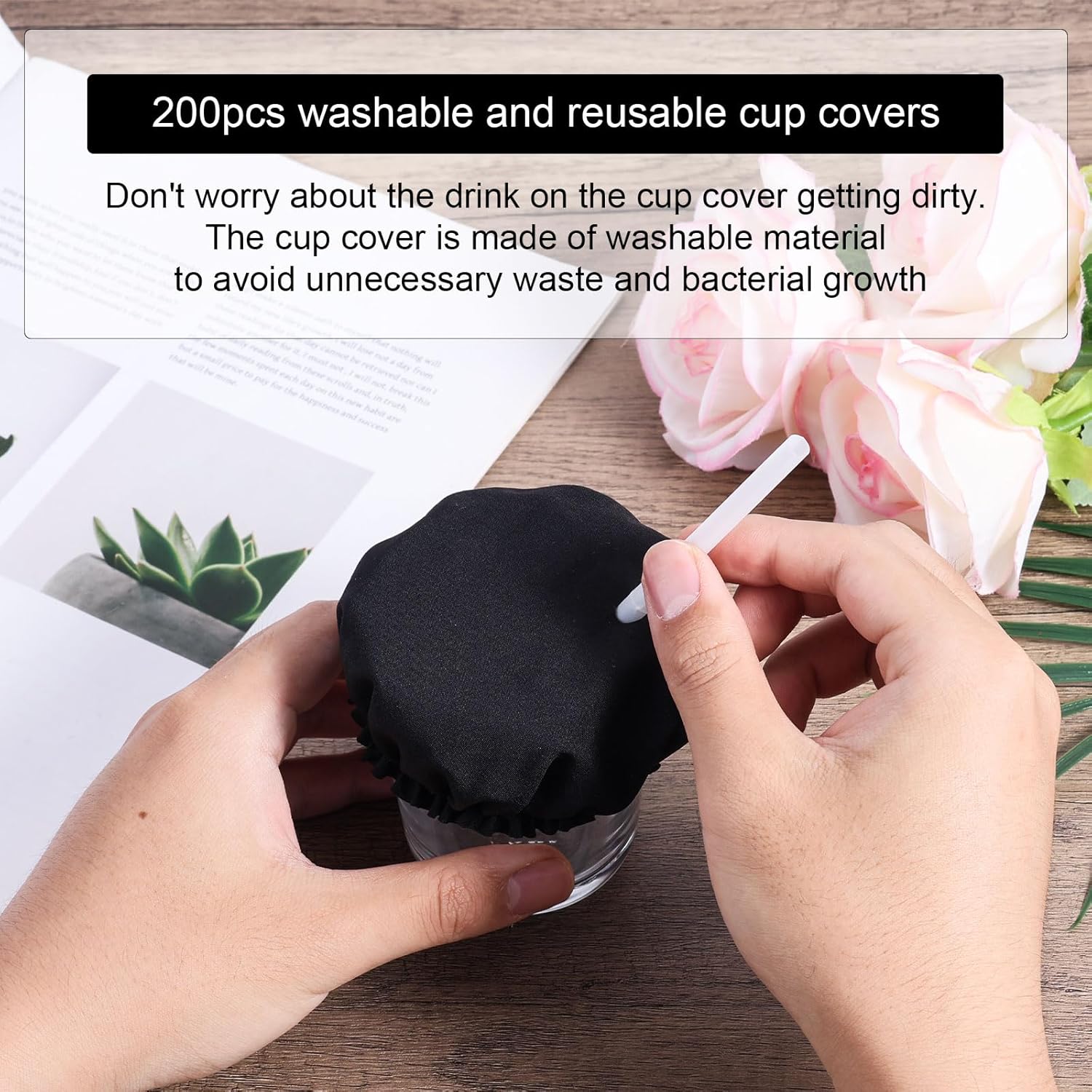 200pcs Drink Covers, Polyester Elastic Stretchable Drink Protector with Straw Hole Washable Night Bottle Wine Glasses Alcohol Cap Protection Accessories Fits Most Safe Cups Glass Can (Black)