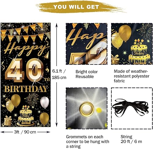 Miniatura 2 de Cartel para puerta de cumpleaños número 40, decoración de feliz cumpleaños 40 para mujeres y hombres, telón de fondo de cumpleaños de 40 años,
