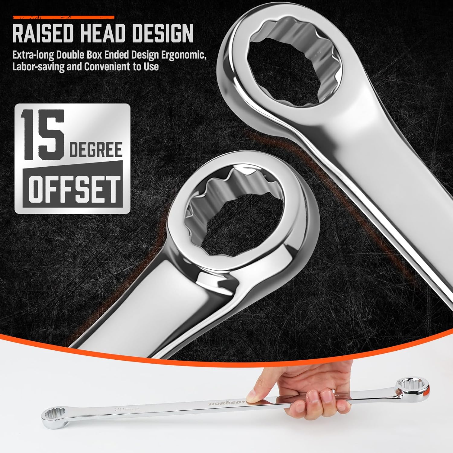 HORUSDY 8-Piece Extra Long Double Box-End Wrench Set, 12-Point Metric 8–24 mm, CR-V Steel, 15° Offset, Off-Corner Loading, with EVA Foam Organizer