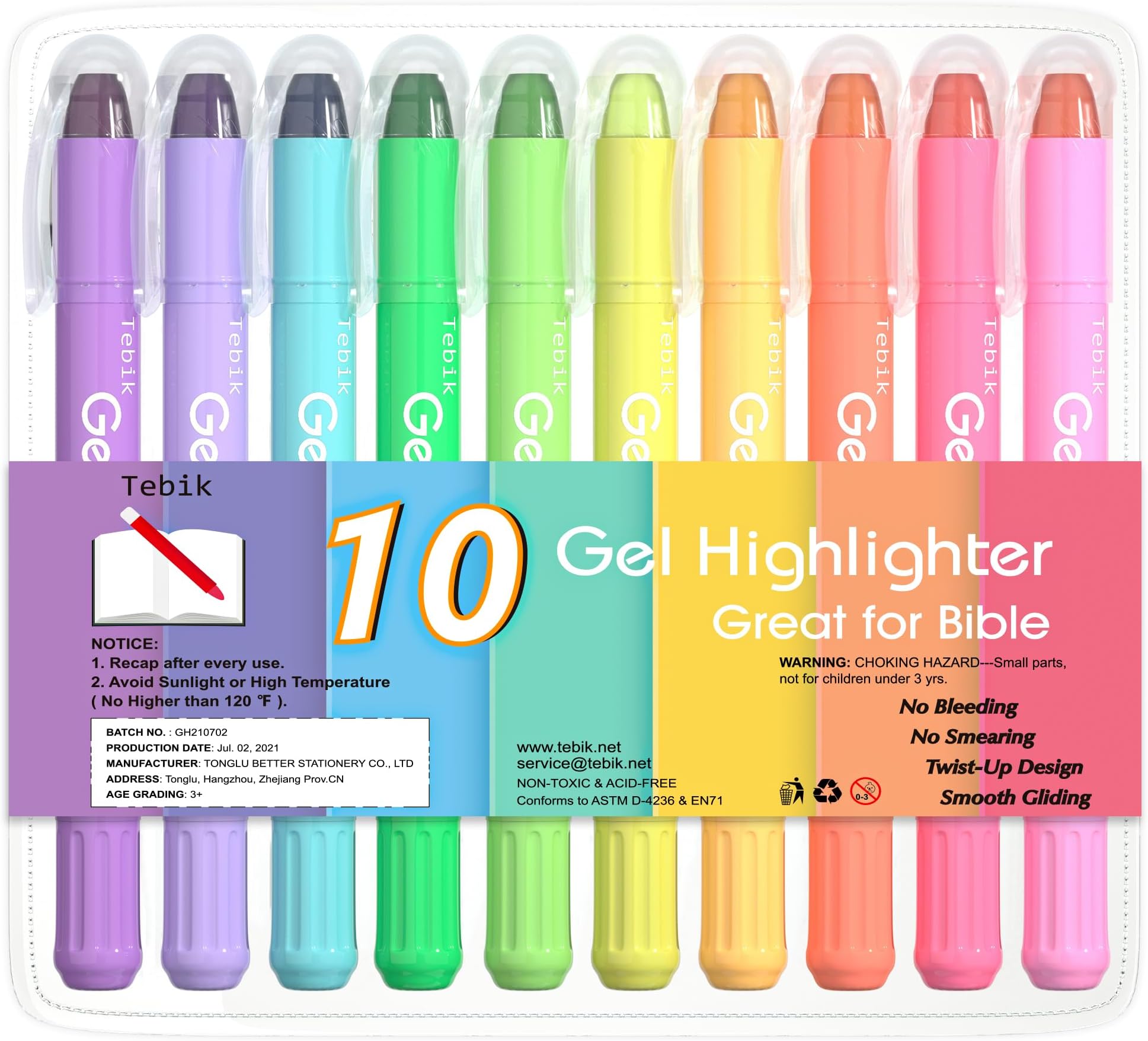 Gel Highlighter, 10 Colors Bible Safe Highlighter Study Kit, Highlighters Assorted Colors, Twistable Design, No Bleeding Great for Journaling, Highlighting and Study