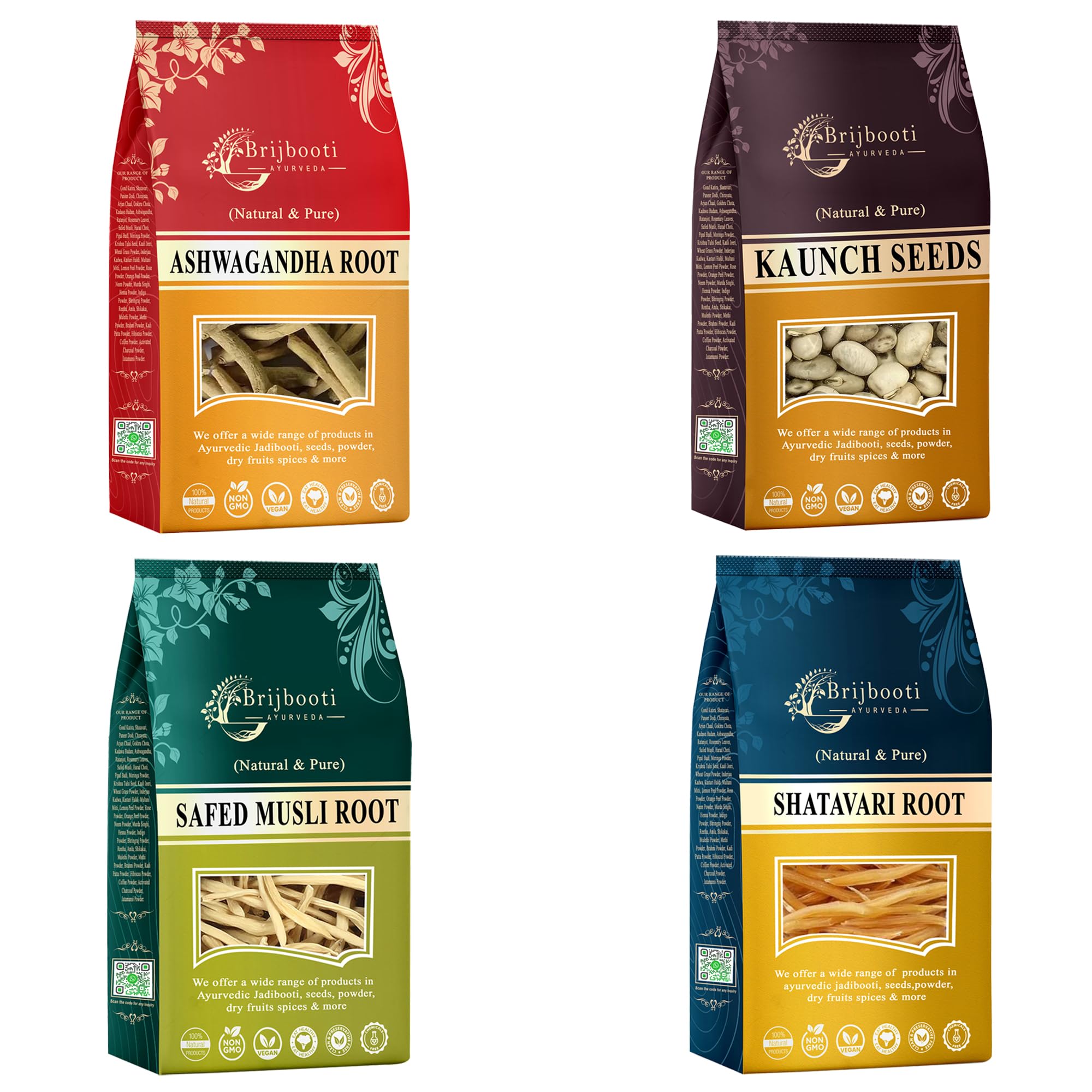 Birju Mahavir Combo Pack of Safed Musli - Ashwagandha - Kaunch - Shatavari Root 200 gram Each, Multi, Raw 800 gram