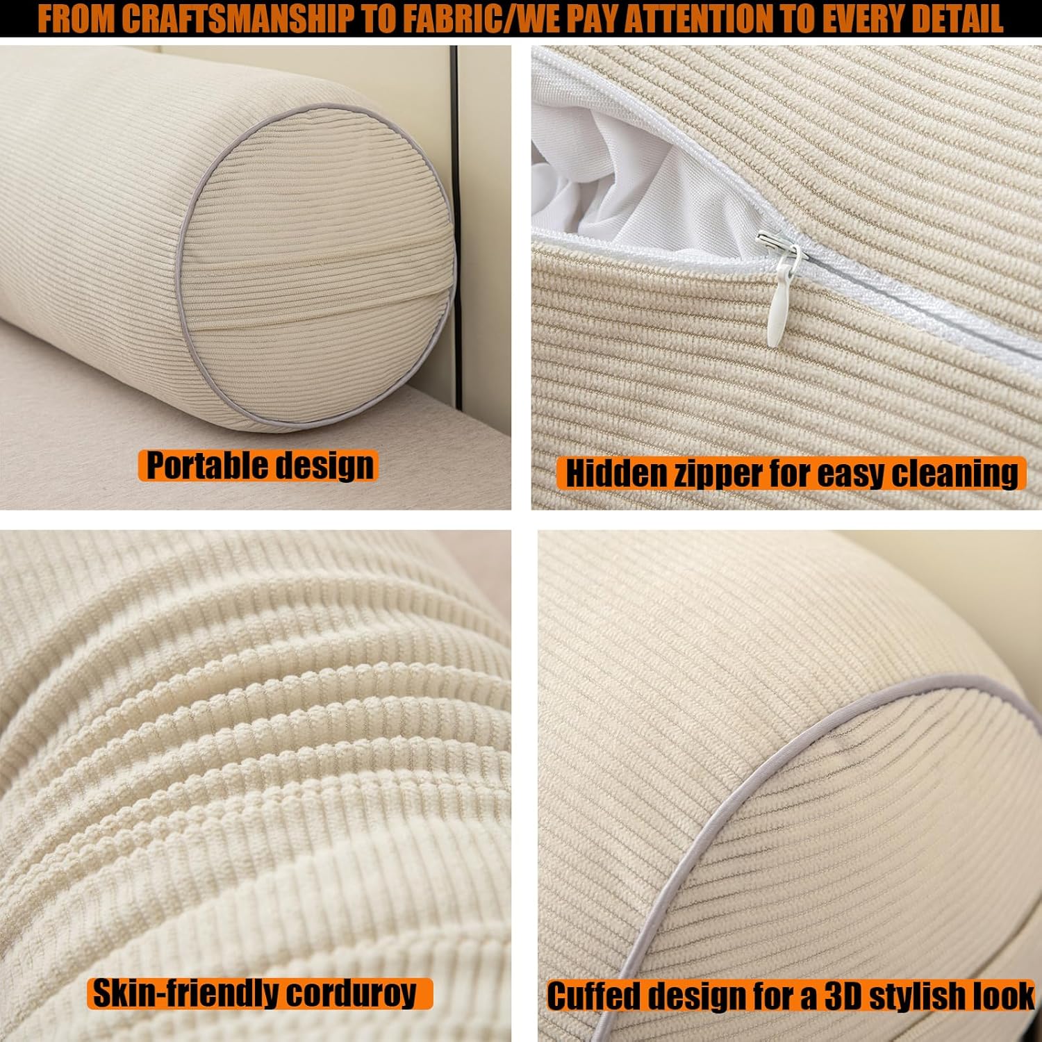Cylinder Pillows for Couch Neck Roll Pillow, with Removable Cover, Cervical Roll Pillow for Head, Neck, Back and Legs Support, Large Size 24x8 in for Bed, Sofas, Cars